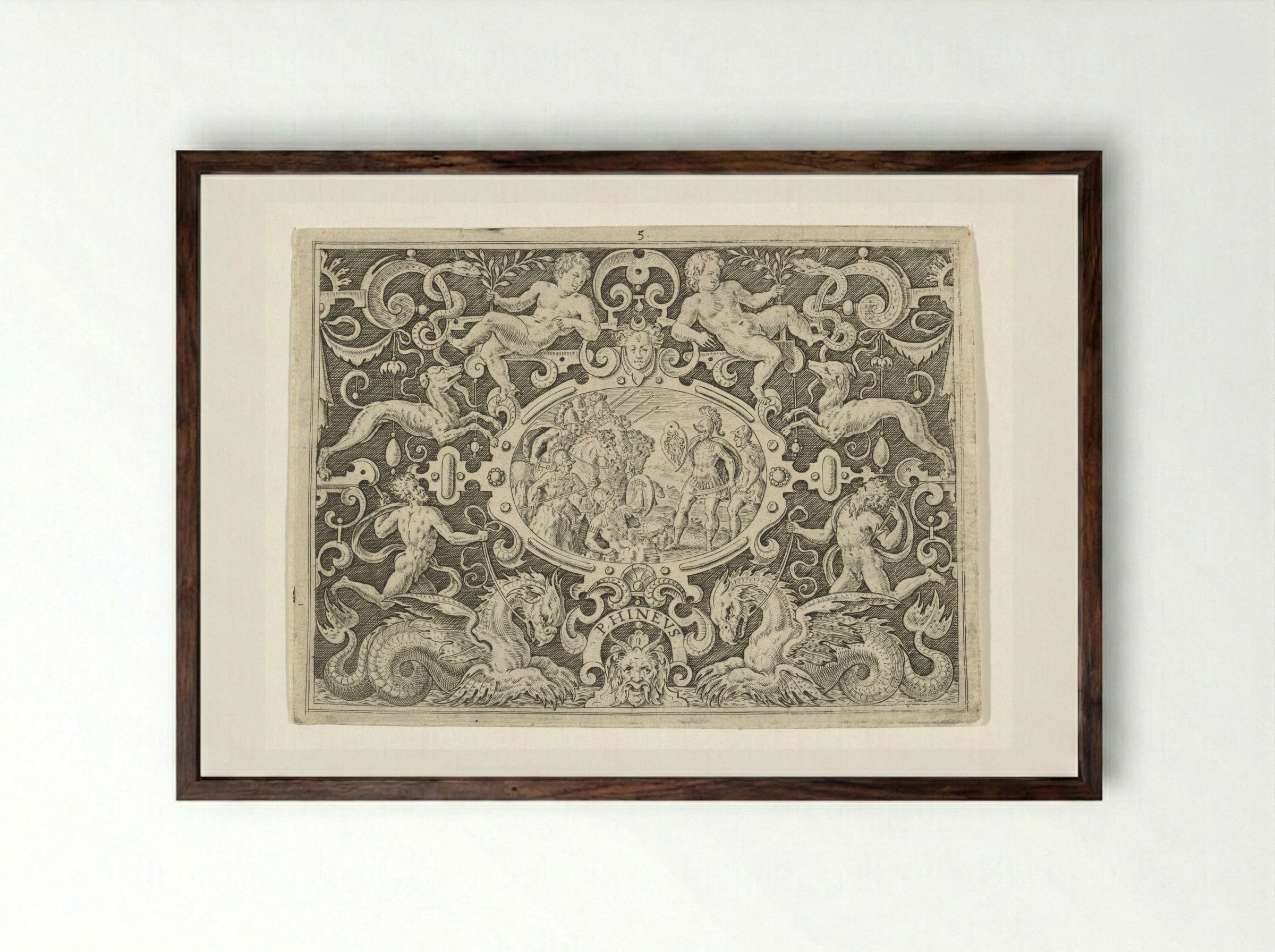 Cartouche: Perseus toont zijn Medusaschild aan Phineus - Abraham de Bruyn - Framed Print Dark Wood