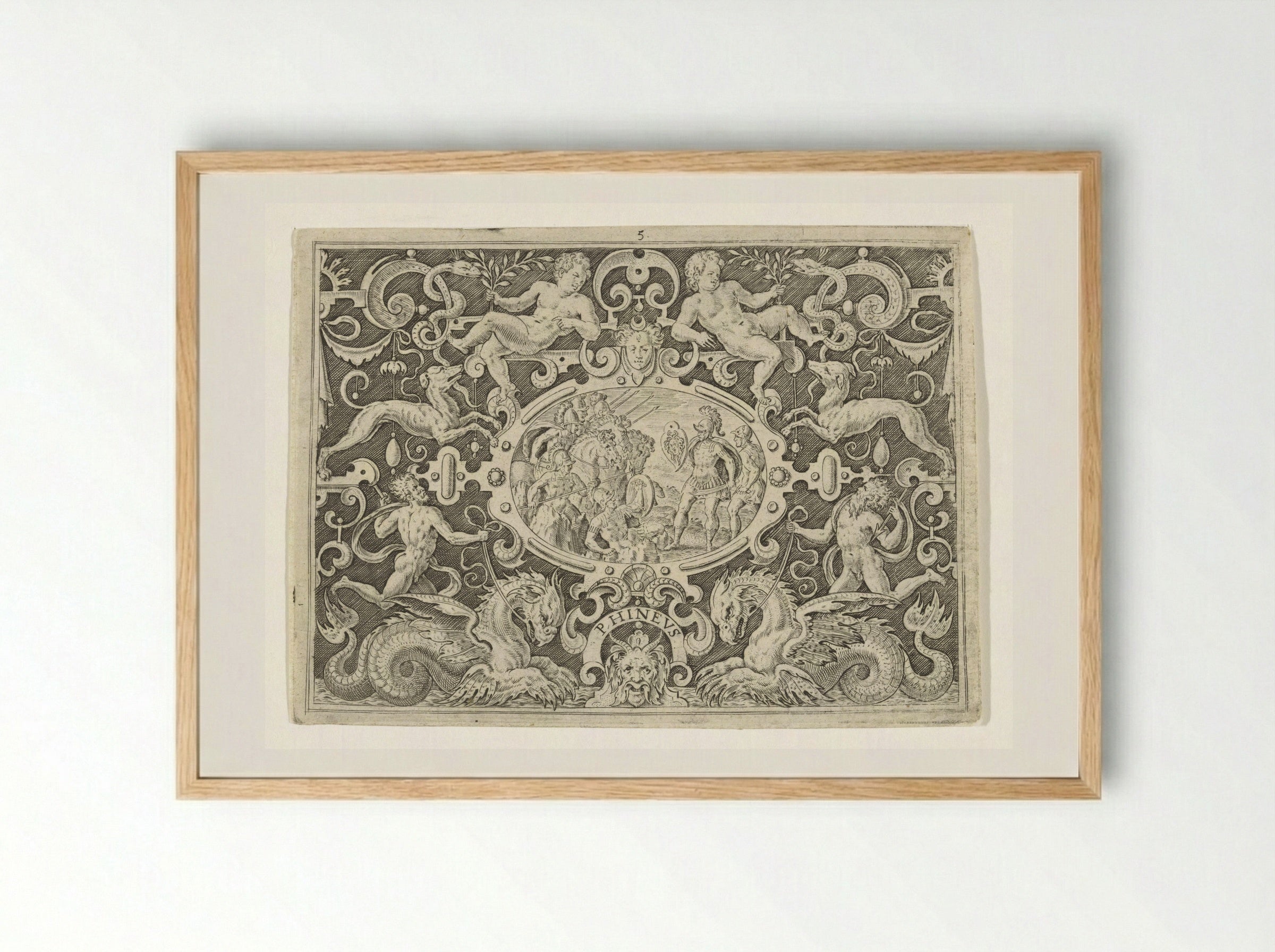 Cartouche: Perseus toont zijn Medusaschild aan Phineus - Abraham de Bruyn - Framed Print Wood