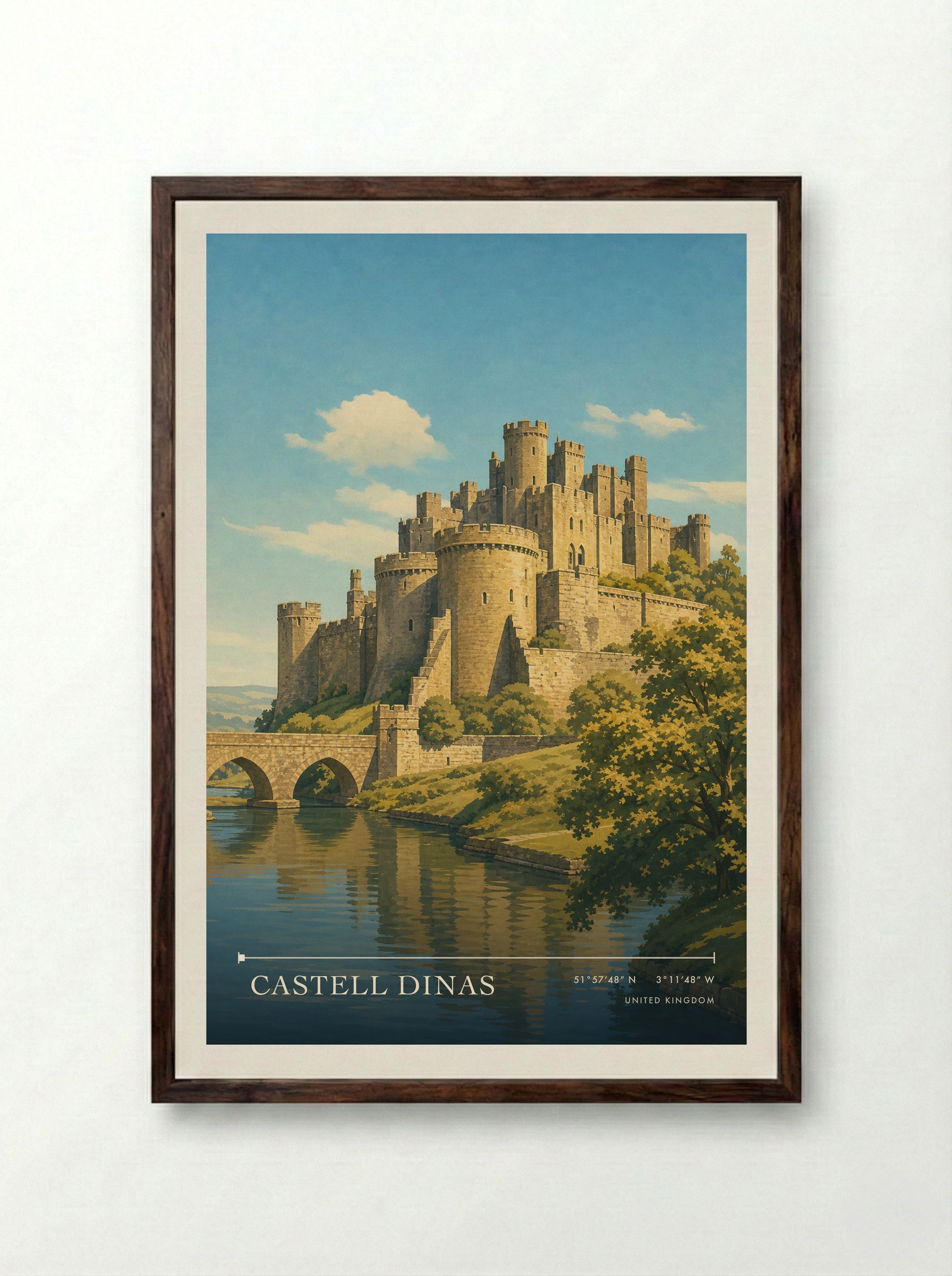 Castell Dinas United Kingdom Travel Poster - Framed Print Dark Wood
