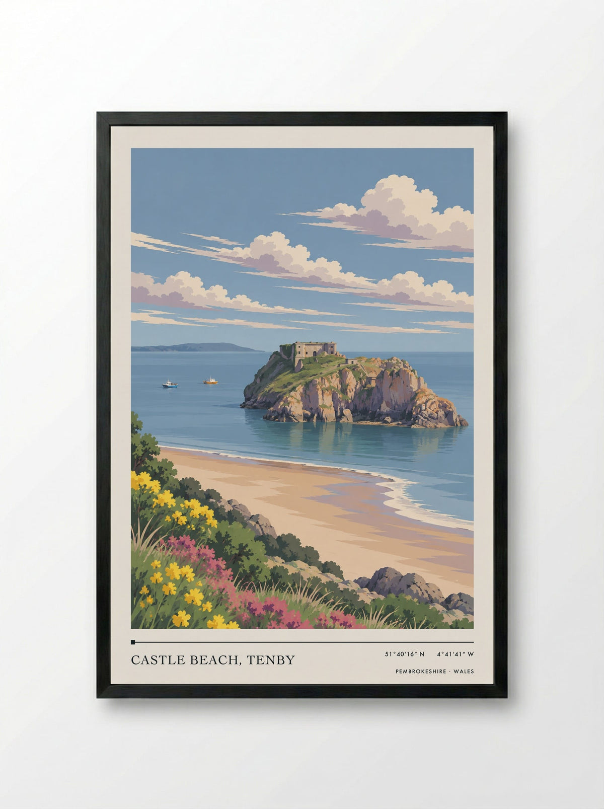 Castle Beach, Tenby, Pembrokeshire | Travel Poster - Framed Print Black
