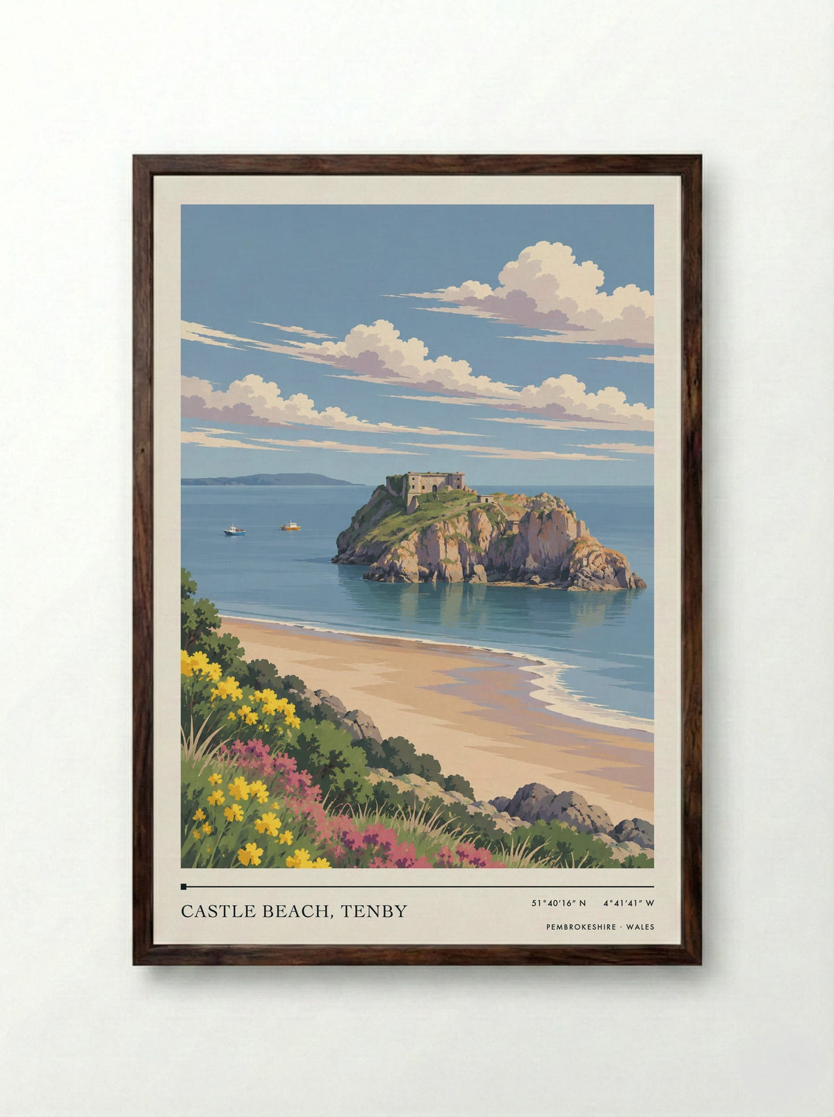 Castle Beach, Tenby, Pembrokeshire | Travel Poster - Framed Print Dark Wood