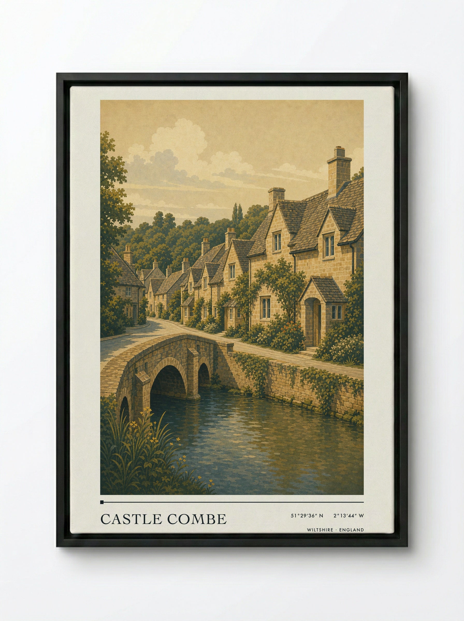 Castle Combe Wiltshire England Travel Poster - Framed Canvas Black