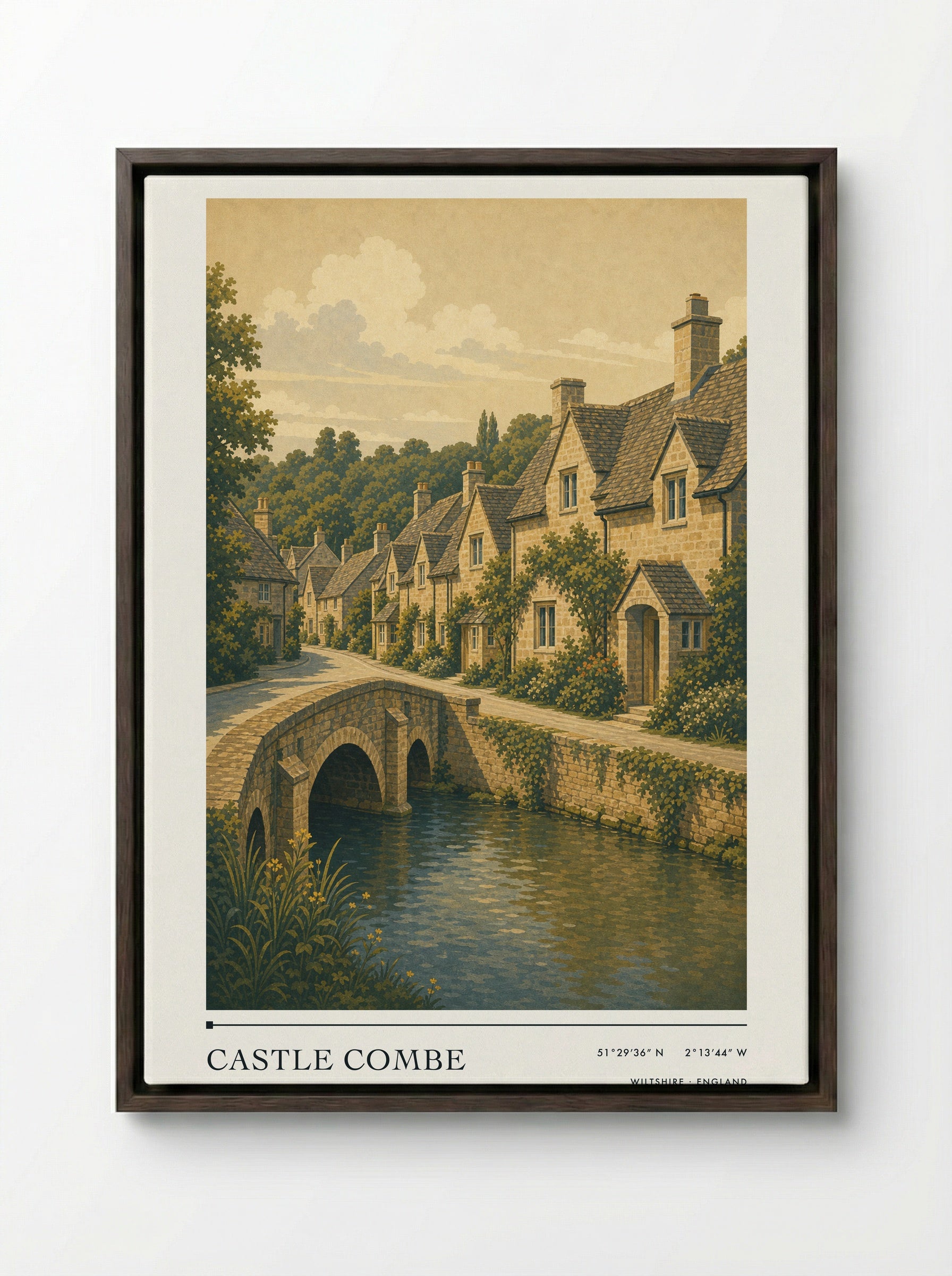 Castle Combe Wiltshire England Travel Poster - Framed Canvas Dark Wood