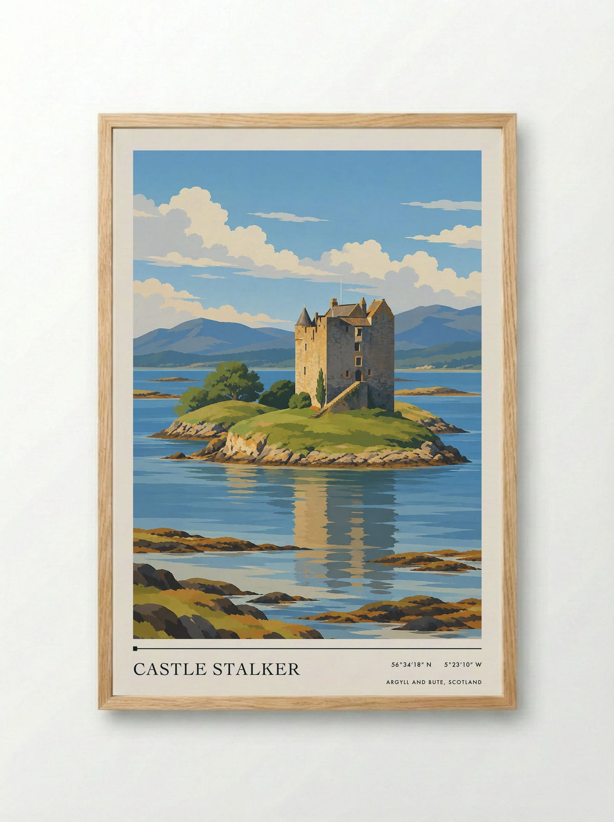Castle Stalker, Argyll and Bute, Scotland | Travel Poster - Framed Print Wood