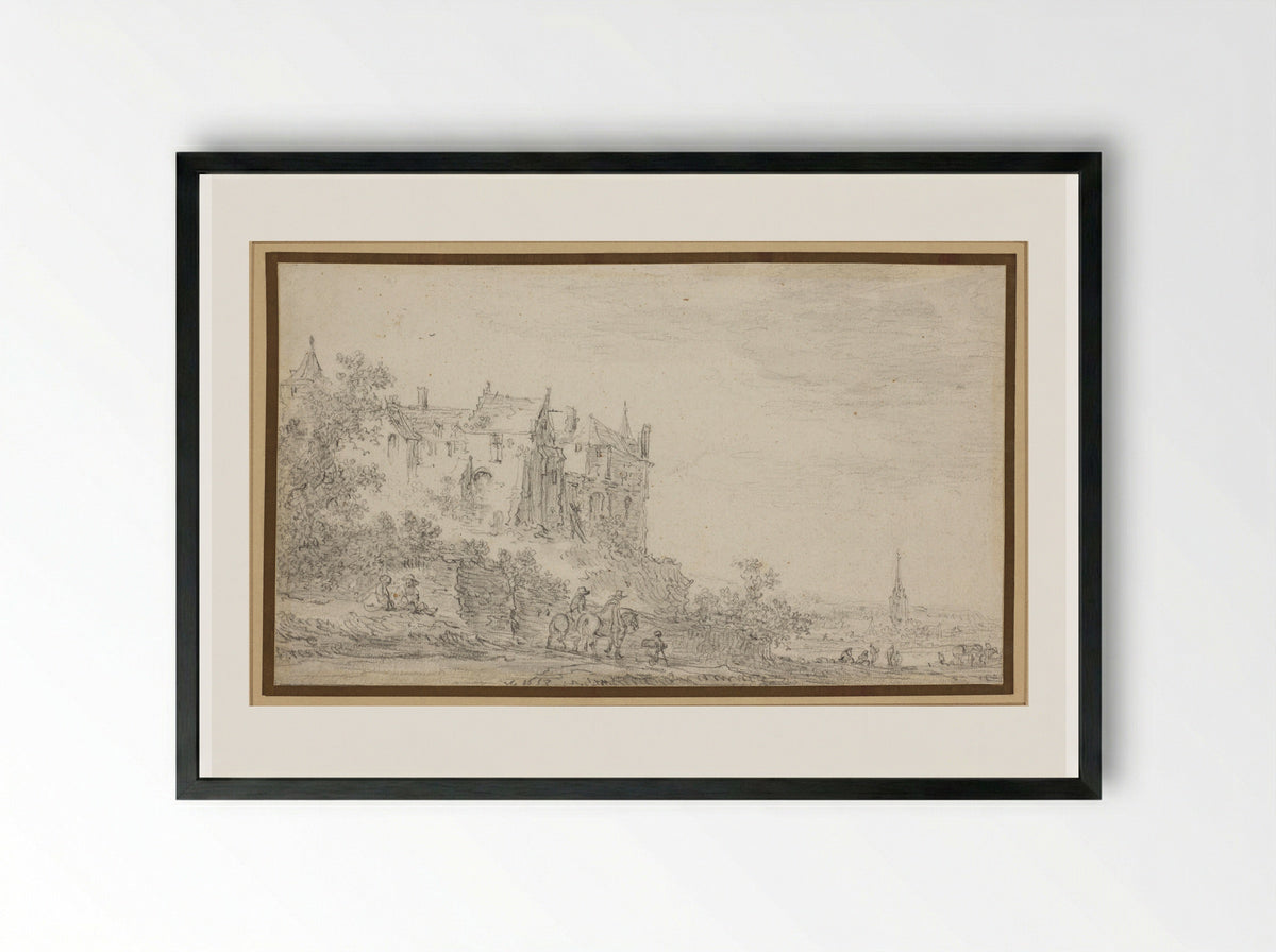 Castle with a View to a Church - Jan van Goyen - Framed Print Black