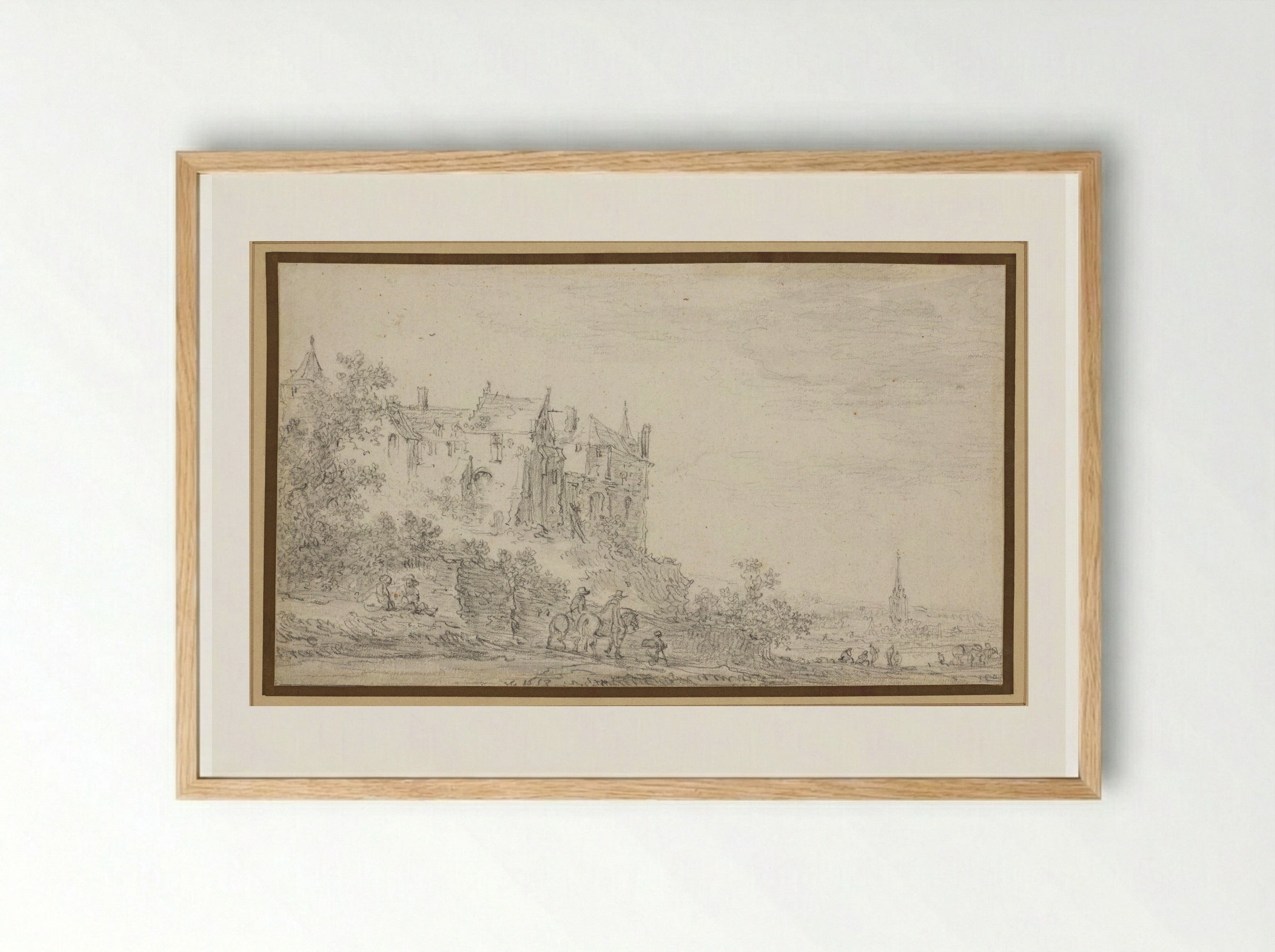 Castle with a View to a Church - Jan van Goyen - Framed Print Wood