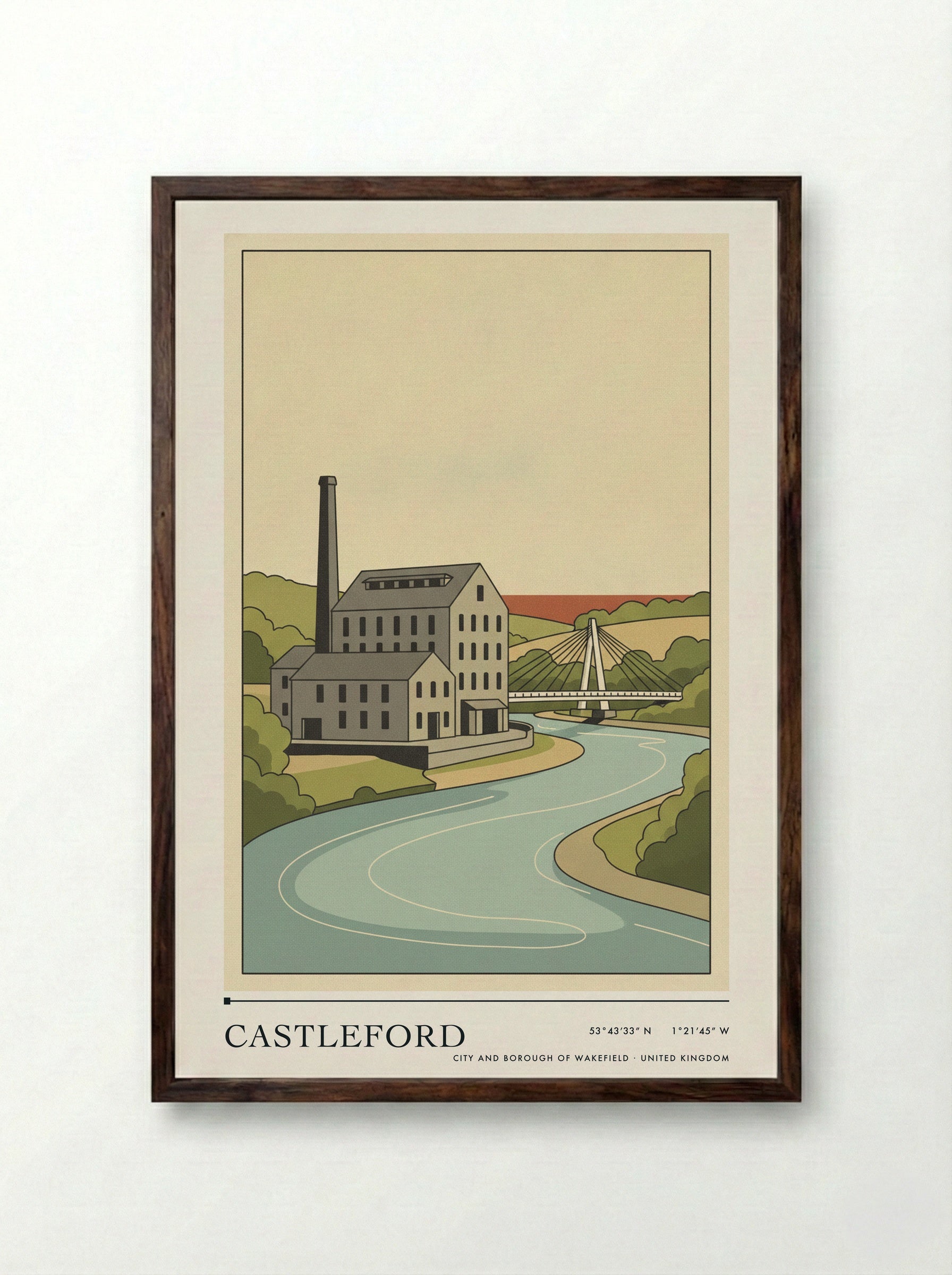 Castleford City and Borough of Wakefield United Kingdom Travel Poster - Framed Print Dark Wood
