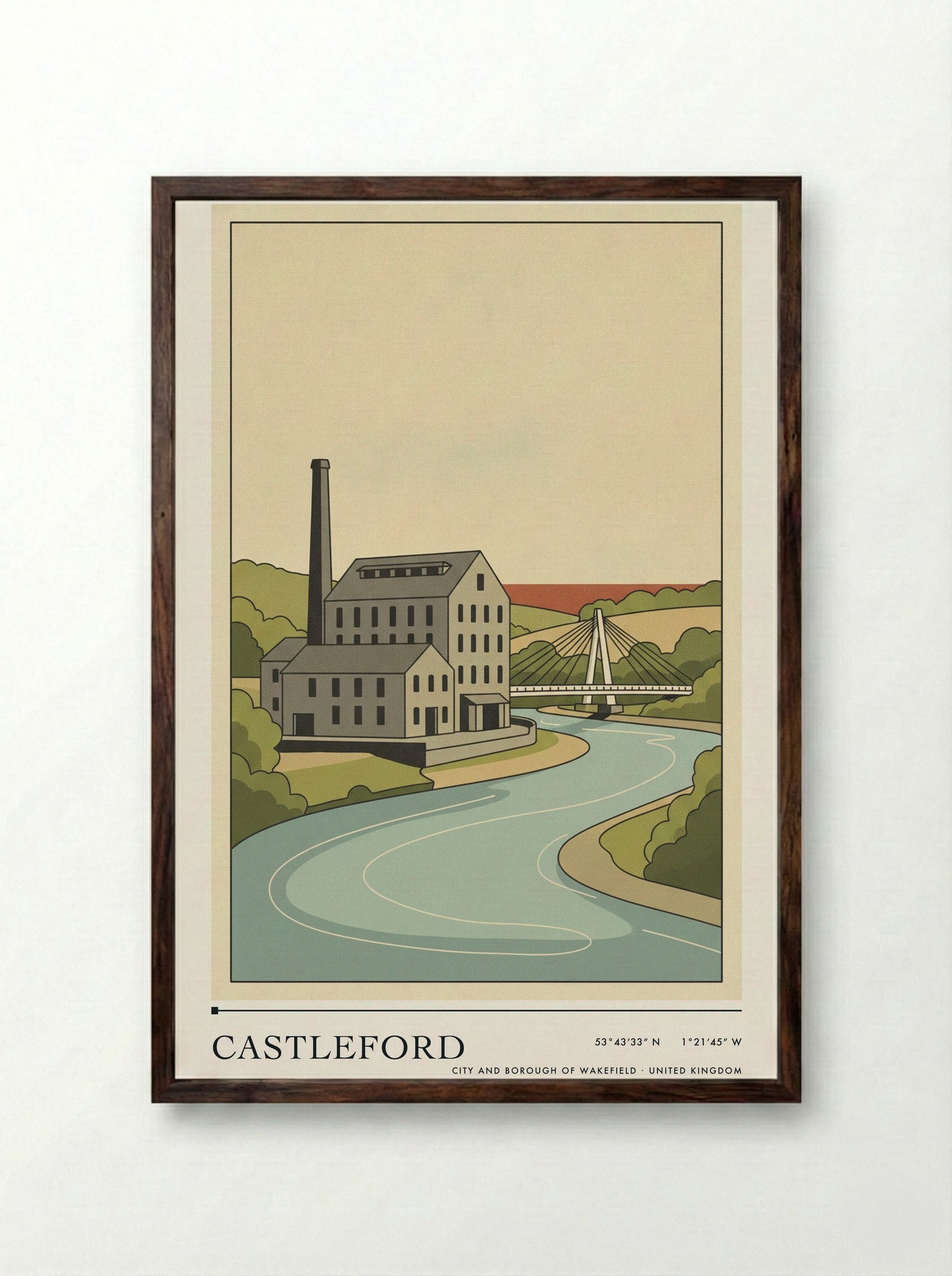 Castleford City and Borough of Wakefield United Kingdom Travel Poster - Framed Print Dark Wood