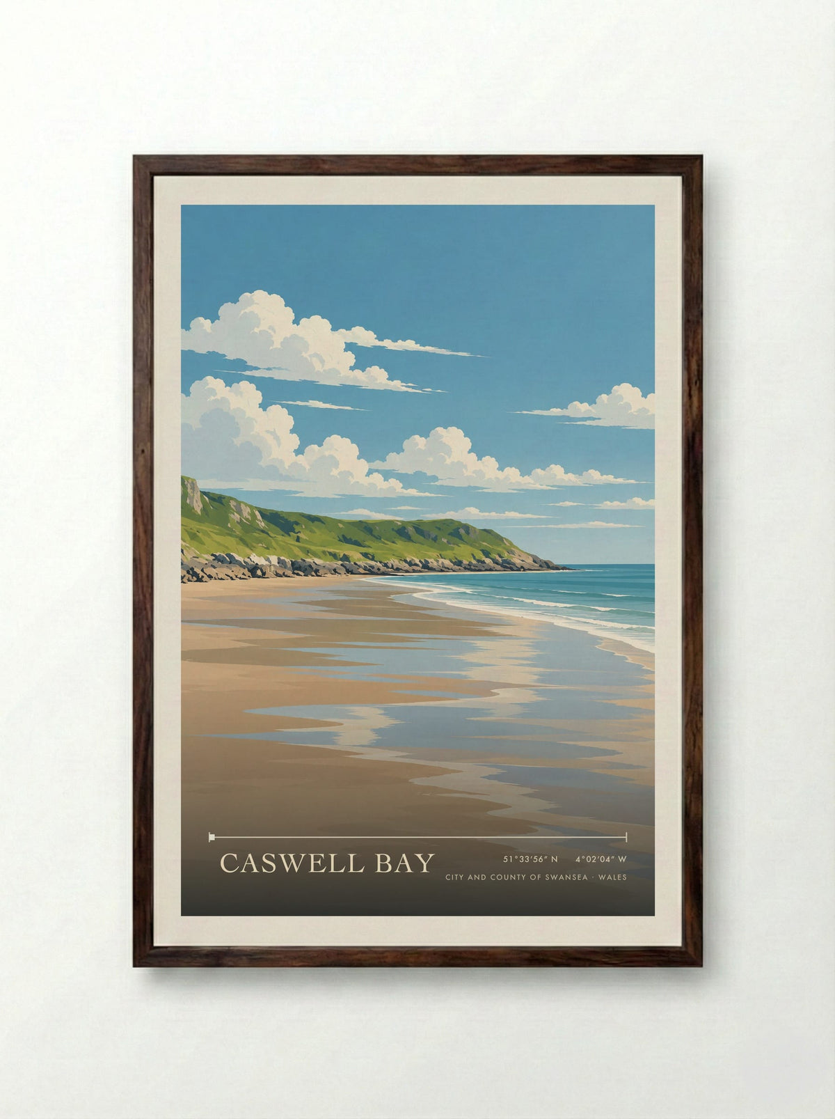 Caswell Bay, City and County of Swansea | Travel Poster - Framed Print Dark Wood