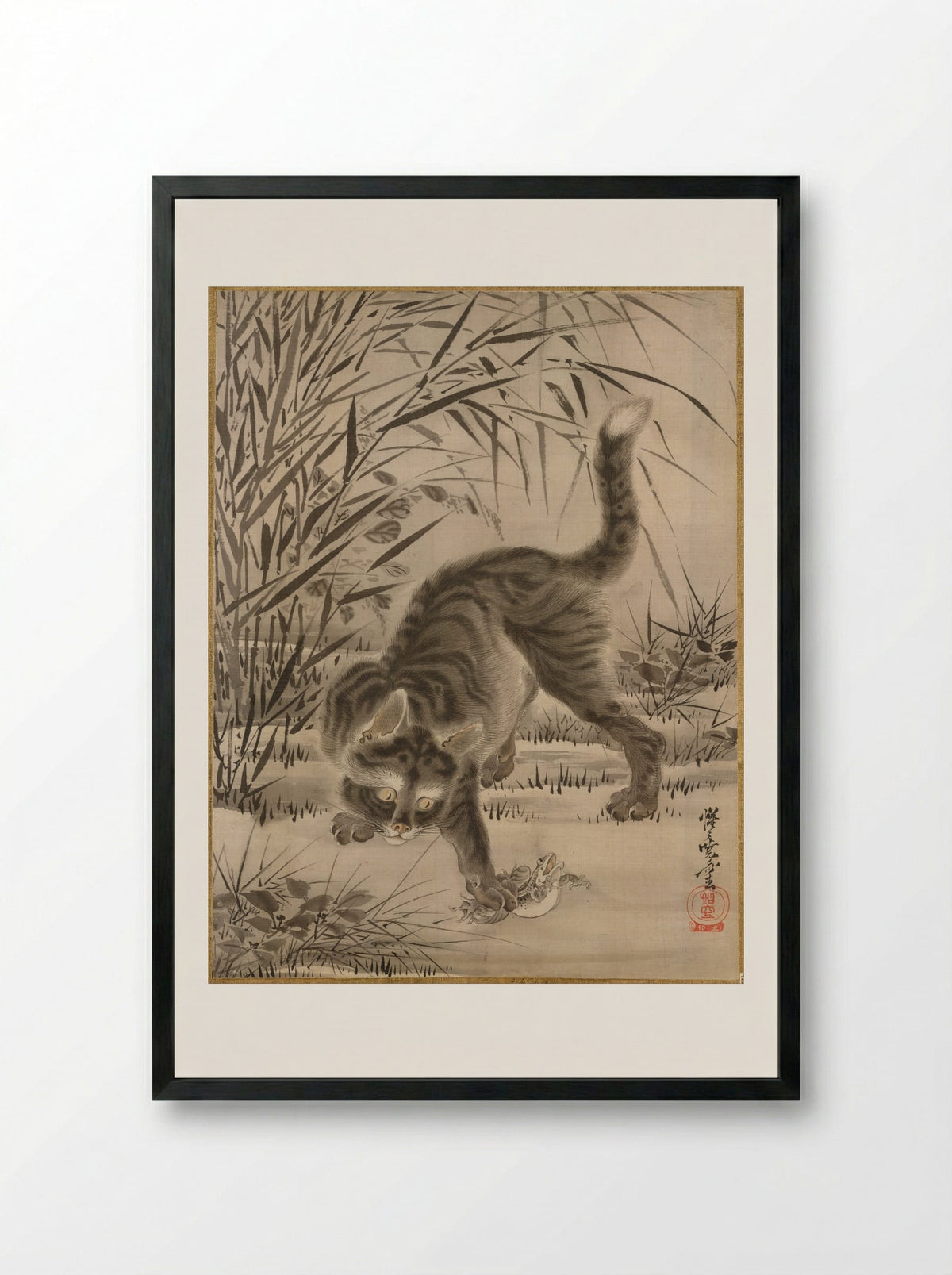 Cat Catching a Frog - Kawanabe Kyōsai - Framed Print Black