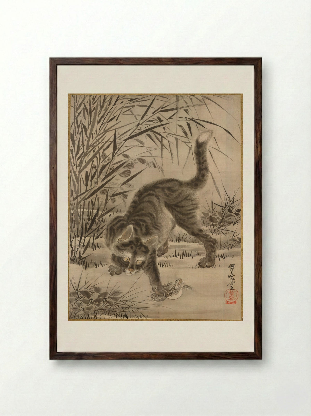 Cat Catching a Frog - Kawanabe Kyōsai - Framed Print Dark Wood