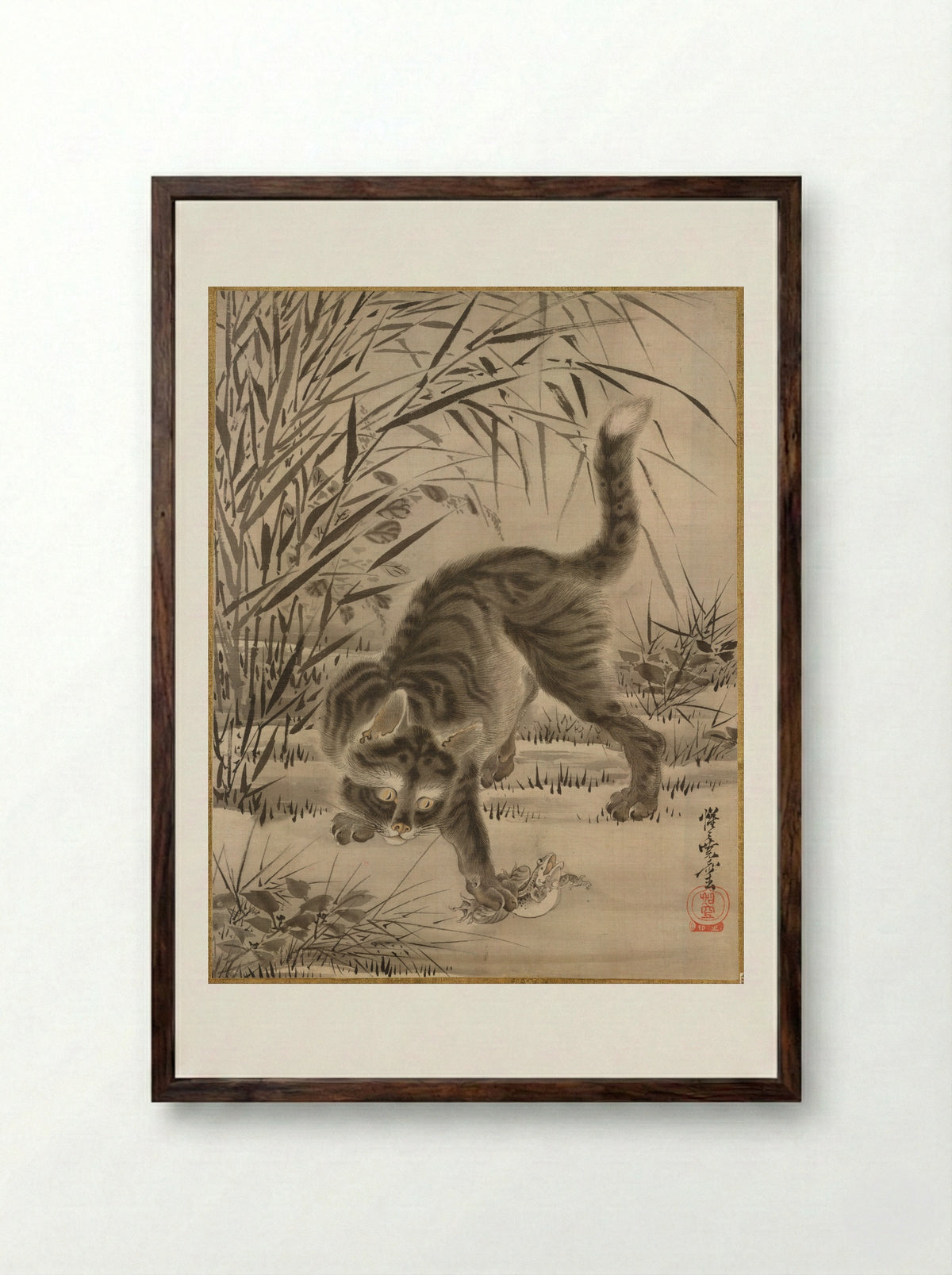 Cat Catching a Frog - Kawanabe Kyōsai - Framed Print Dark Wood
