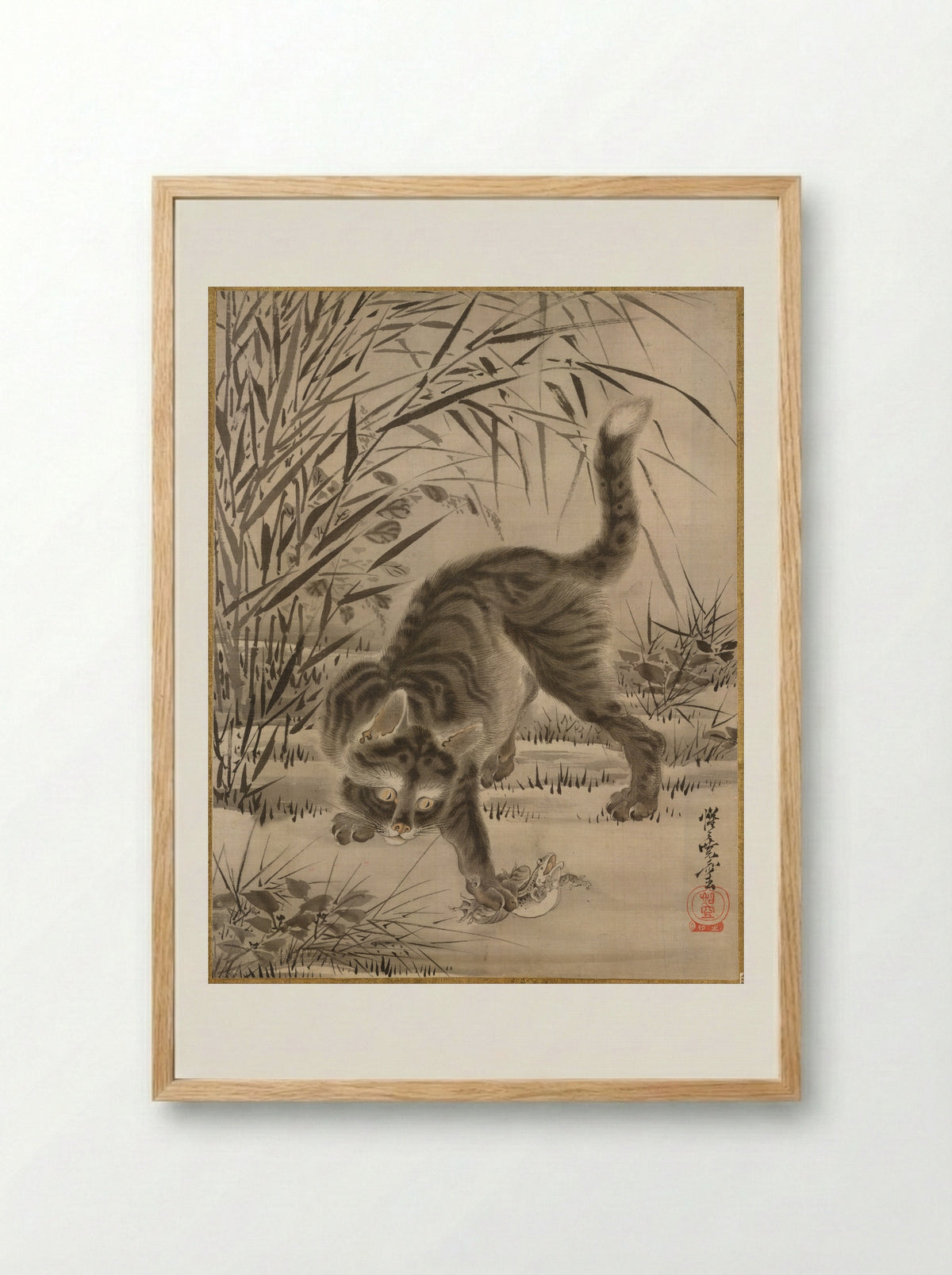 Cat Catching a Frog - Kawanabe Kyōsai - Framed Print Wood