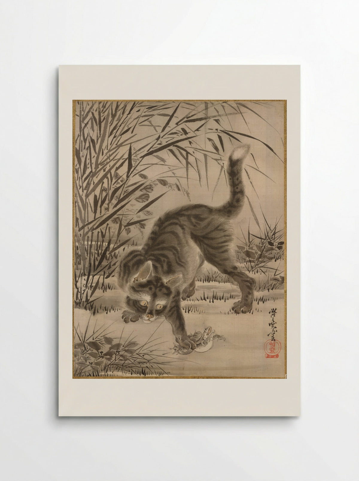 Cat Catching a Frog - Kawanabe Kyōsai - Poster