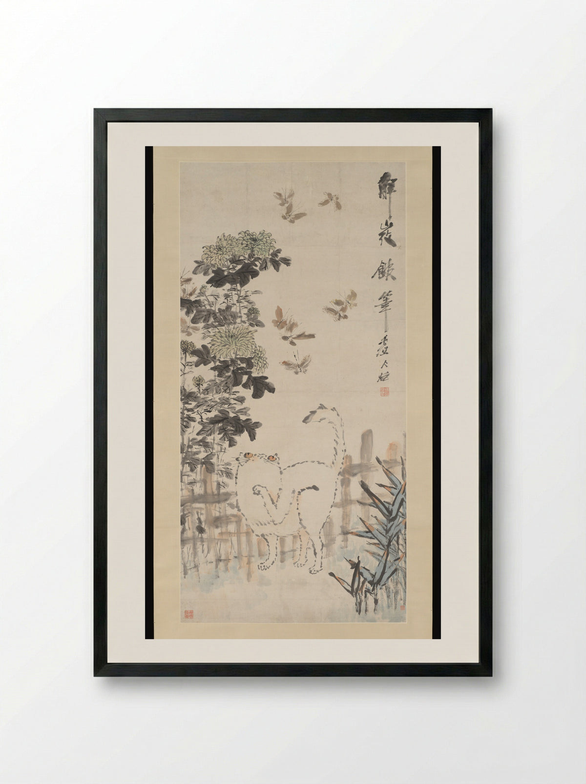 Cat and Butterfly - Xugu - Framed Print Black