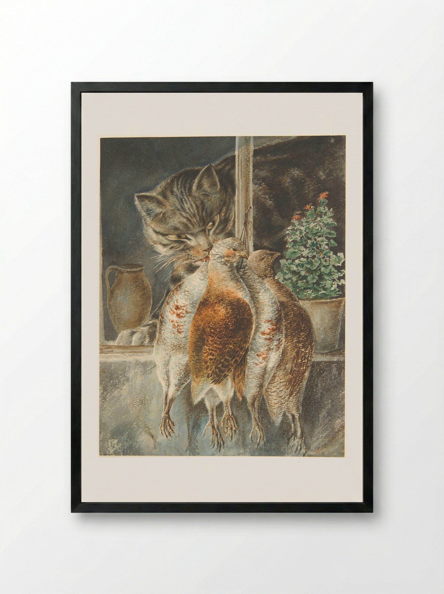 Cat and Dead Birds - Friedrich Anton Wolff - Framed Print Black
