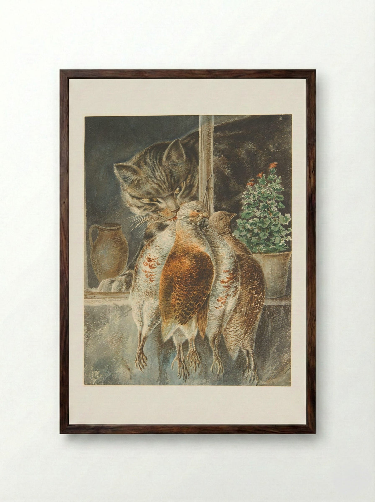 Cat and Dead Birds - Friedrich Anton Wolff - Framed Print Dark Wood