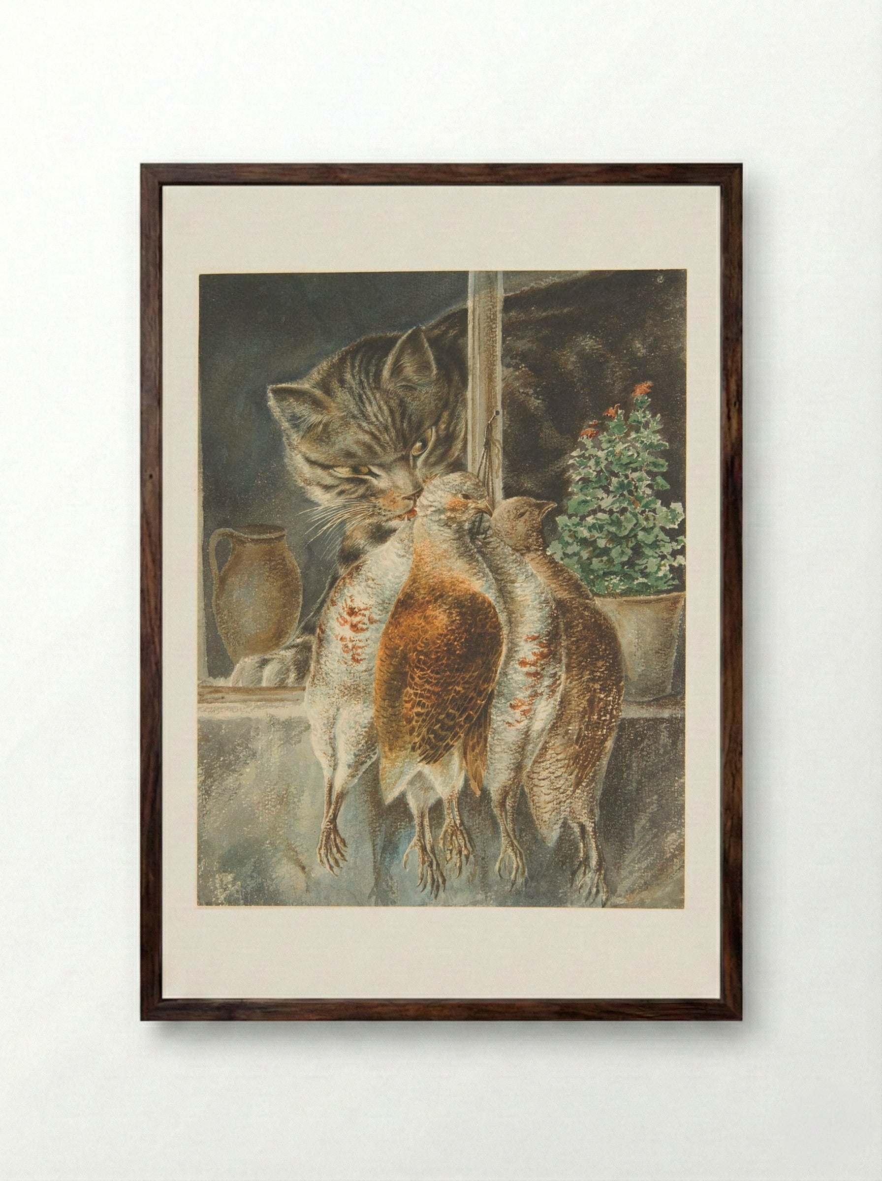 Cat and Dead Birds - Friedrich Anton Wolff - Framed Print Dark Wood