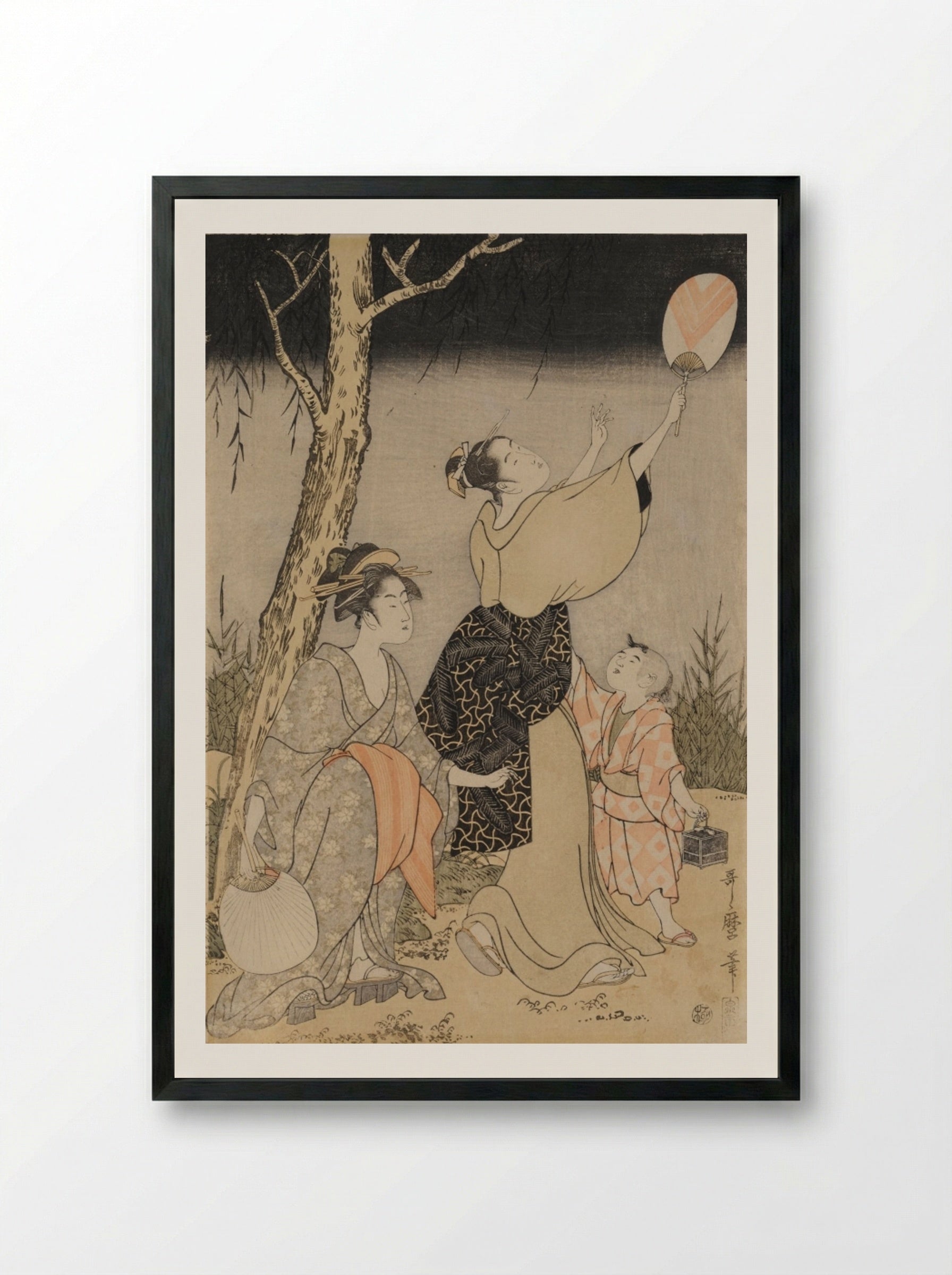 Catching Fireflies Beneath a Willow Tree (left) - Kitagawa Utamaro - Framed Print Black