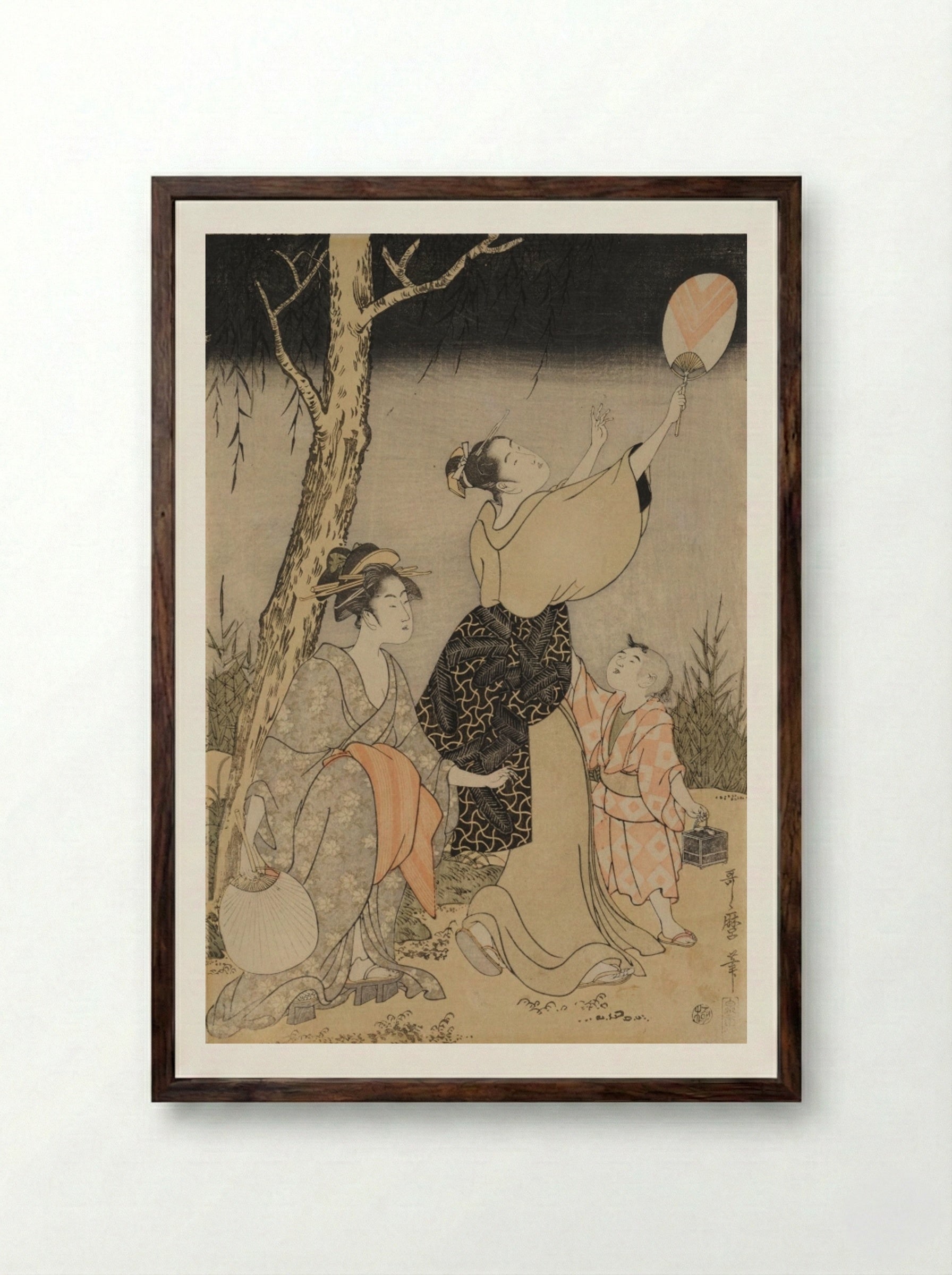 Catching Fireflies Beneath a Willow Tree (left) - Kitagawa Utamaro - Framed Print Dark Wood