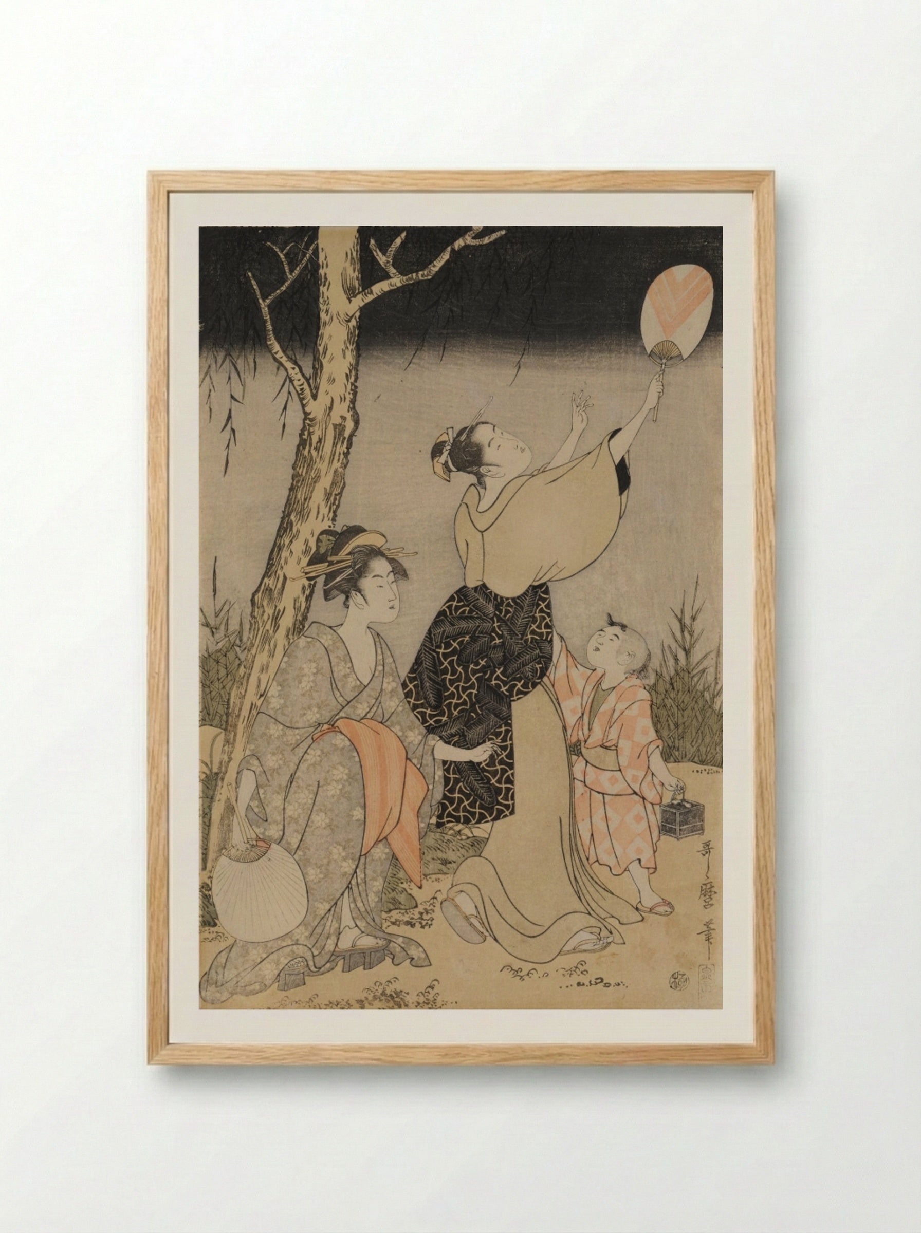 Catching Fireflies Beneath a Willow Tree (left) - Kitagawa Utamaro - Framed Print Wood