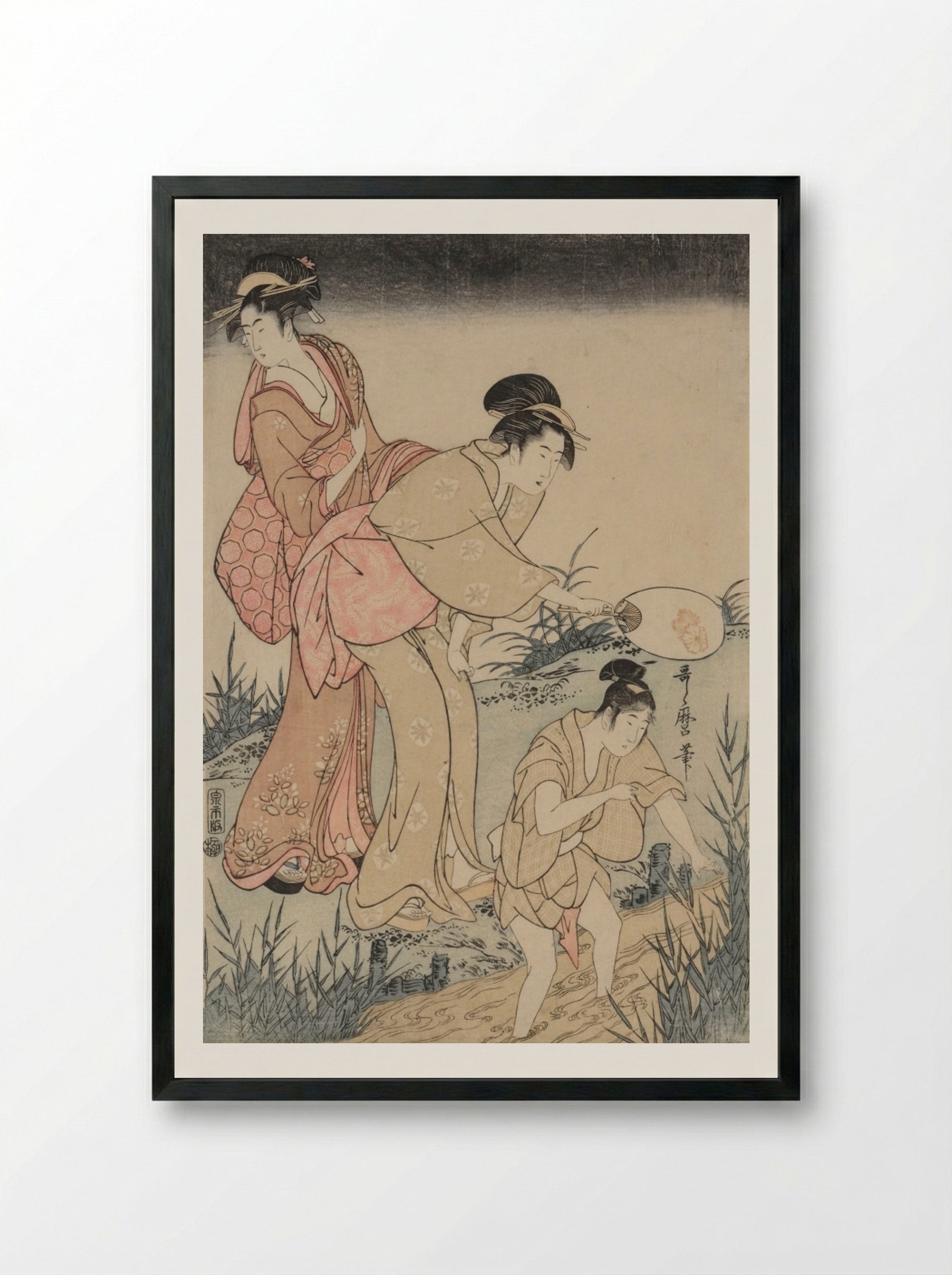 Catching Fireflies Beneath a Willow Tree (right) - Kitagawa Utamaro - Framed Print Black