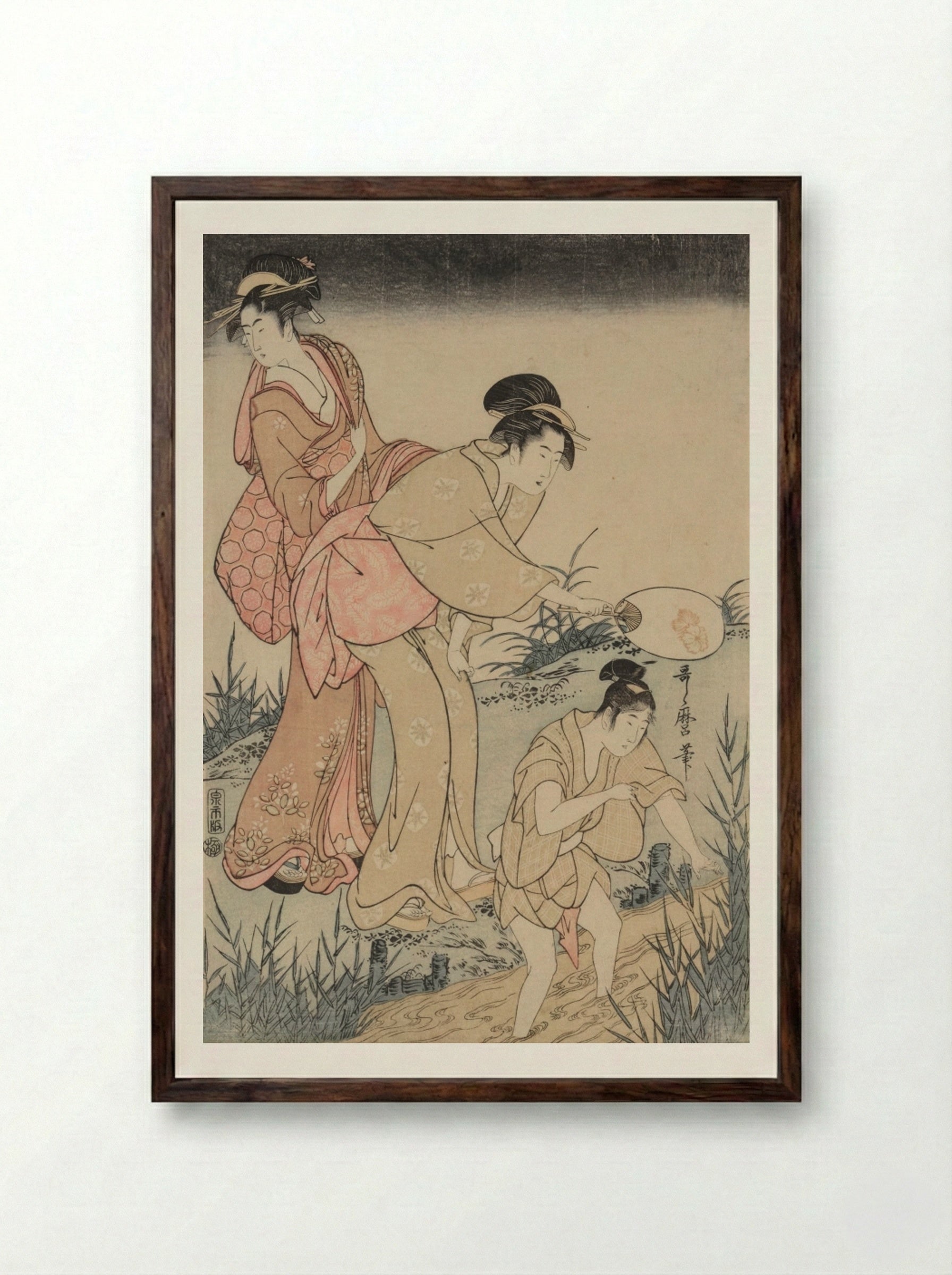 Catching Fireflies Beneath a Willow Tree (right) - Kitagawa Utamaro - Framed Print Dark Wood