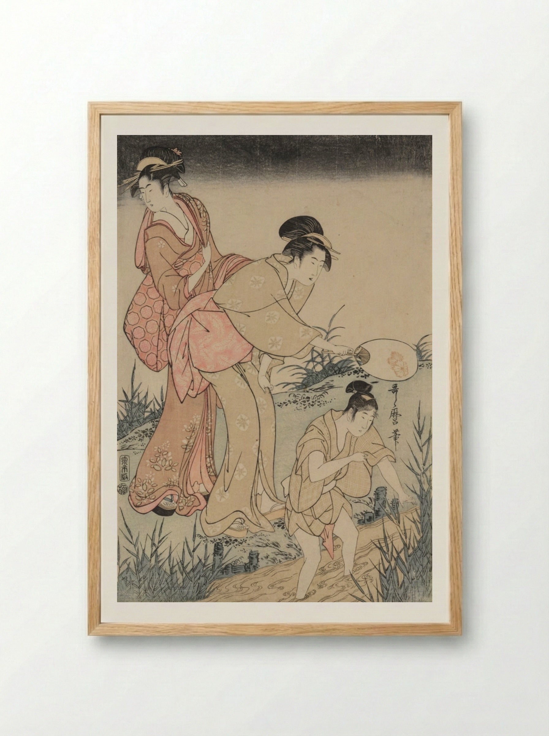 Catching Fireflies Beneath a Willow Tree (right) - Kitagawa Utamaro - Framed Print Wood