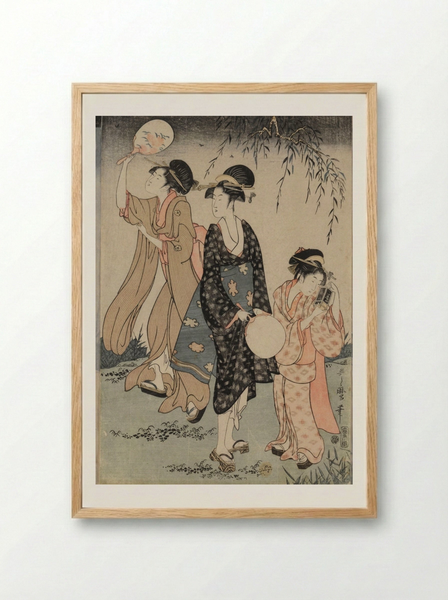 Catching Fireflies Beneath a Willow Tree - Kitagawa Utamaro - Framed Print Wood