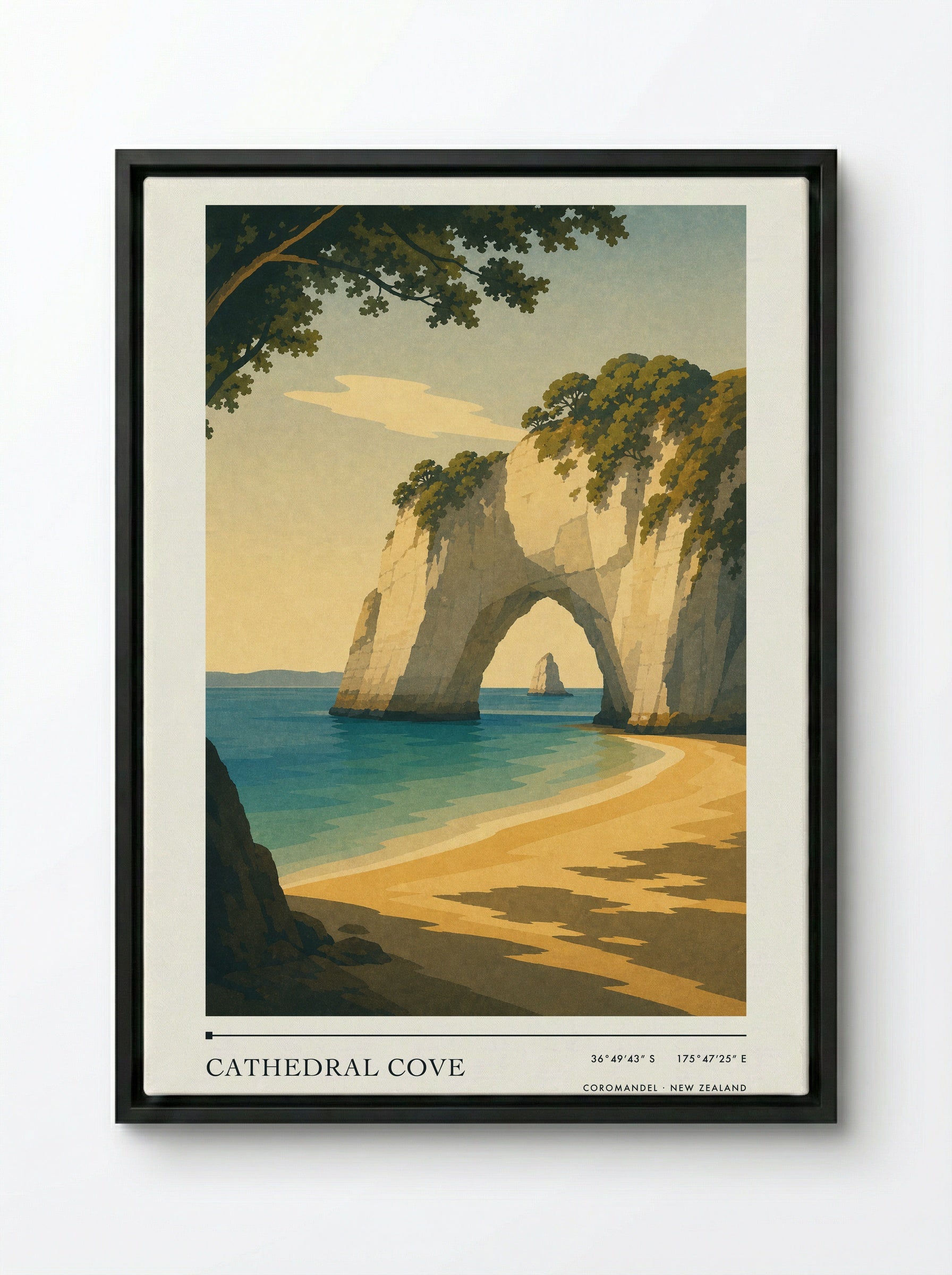 Cathedral Cove Travel Poster Artwork - Framed Canvas Black