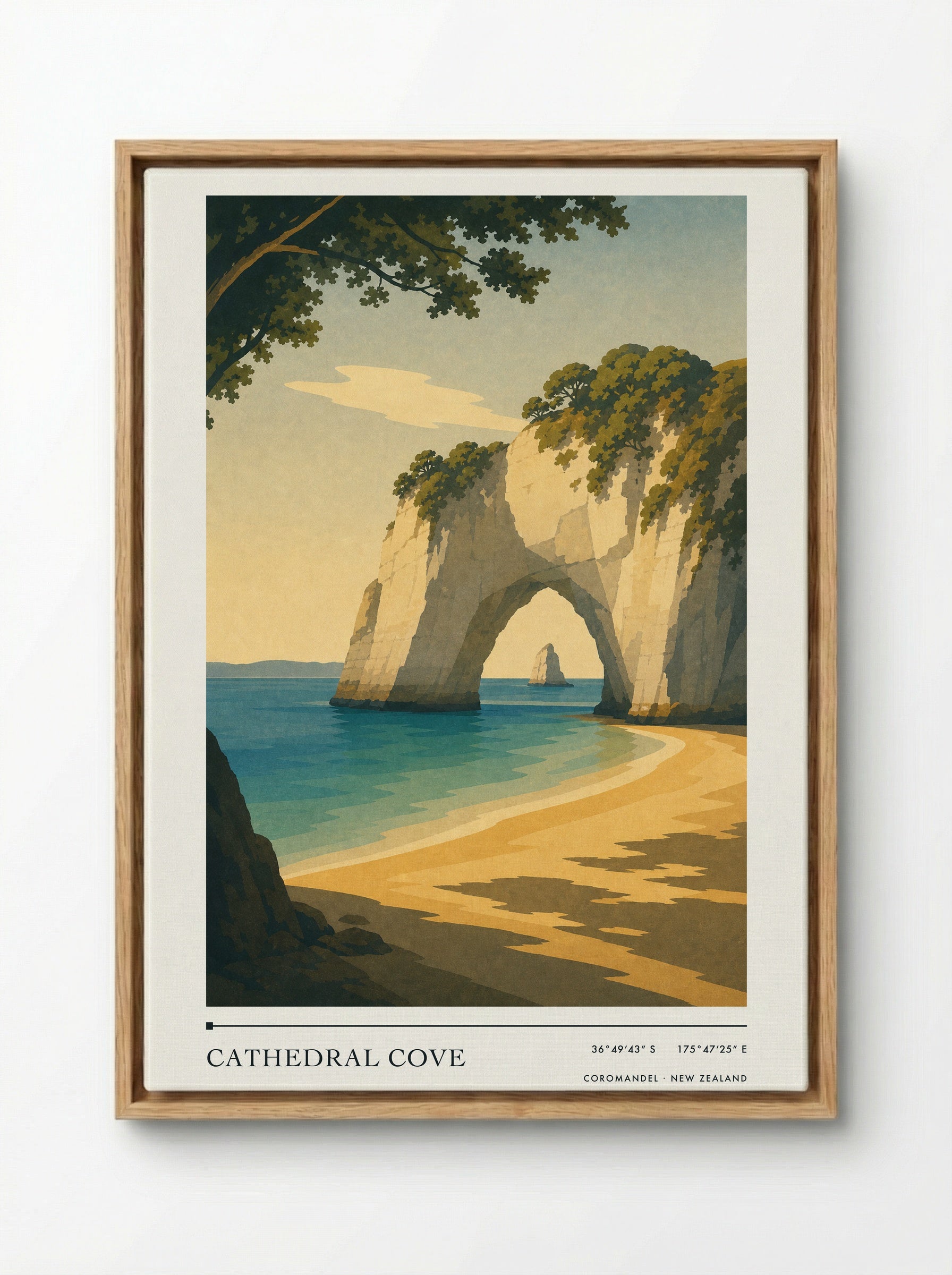 Cathedral Cove Travel Poster Artwork - Framed Canvas Wood