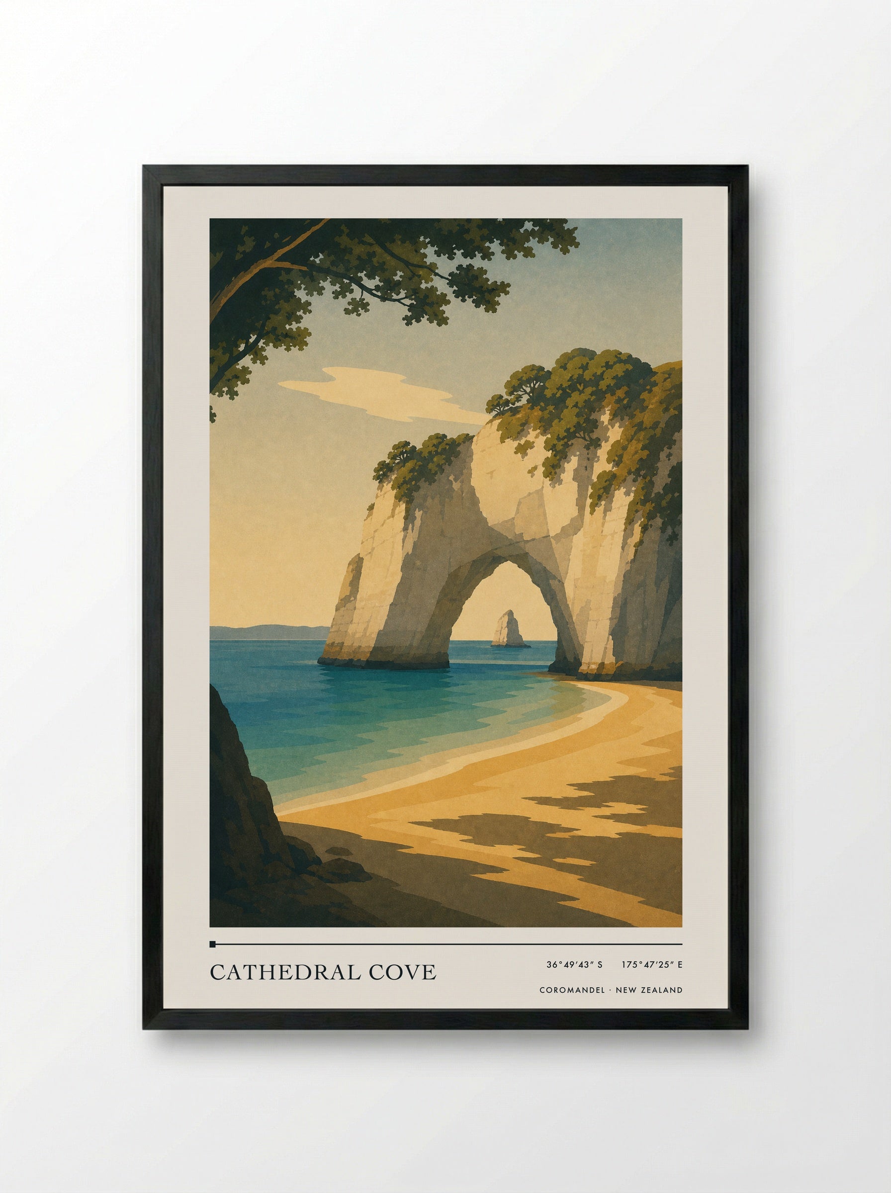 Cathedral Cove Travel Poster Artwork - Framed Print Black