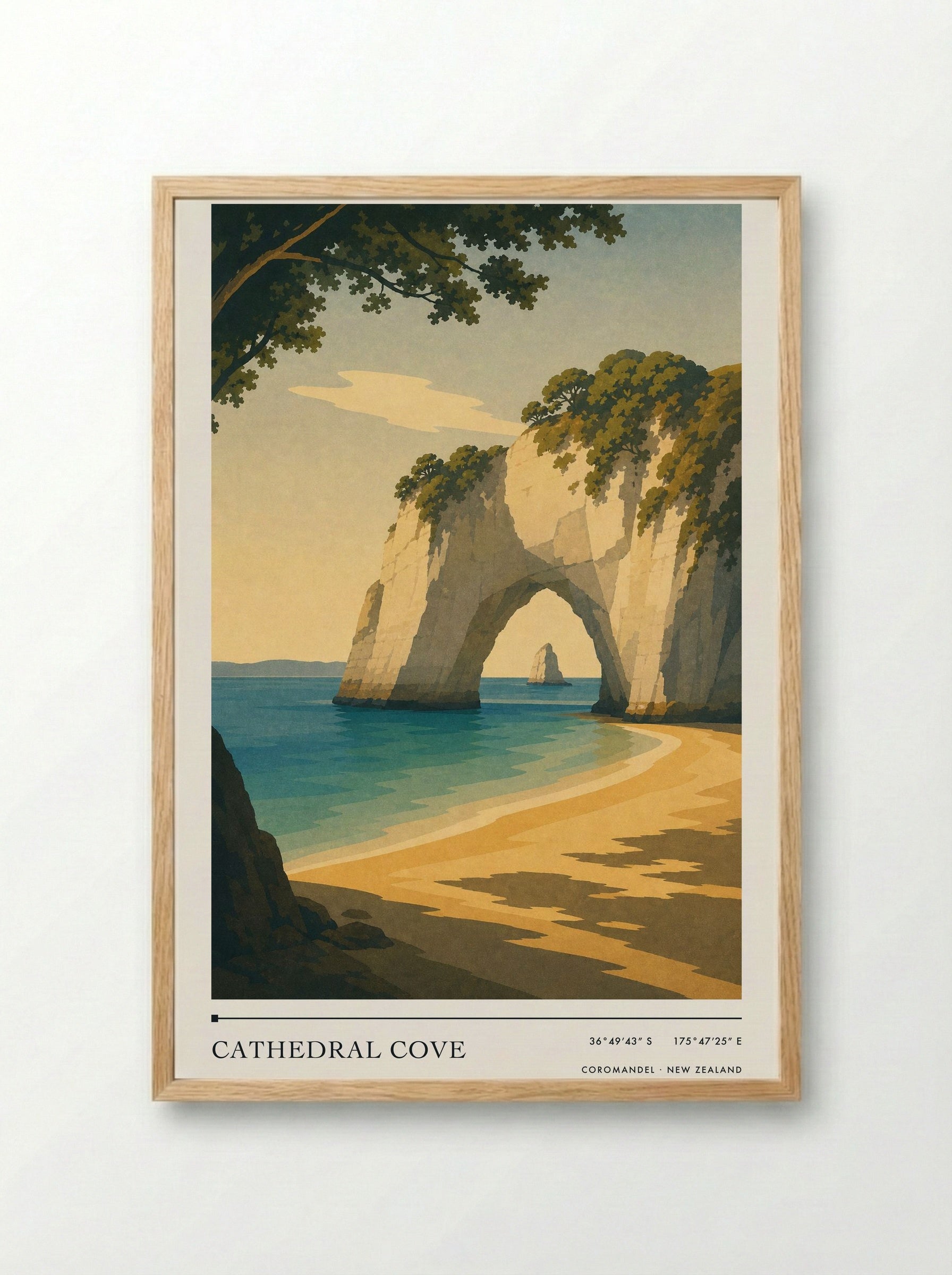Cathedral Cove Travel Poster Artwork - Framed Print Wood