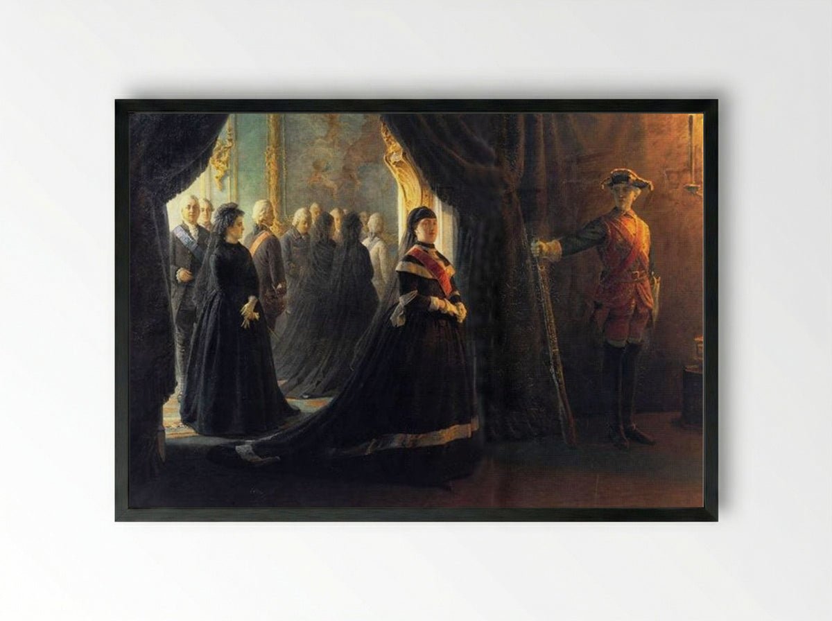 Catherine II at the Coffin of Empress Elizabeth - Nikolai Ge - Framed Print Black