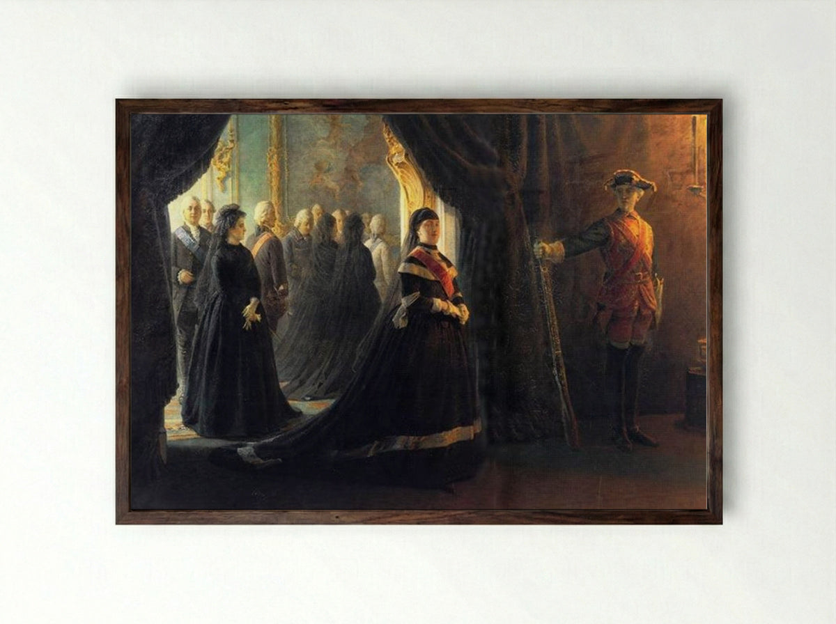 Catherine II at the Coffin of Empress Elizabeth - Nikolai Ge - Framed Print Dark Wood
