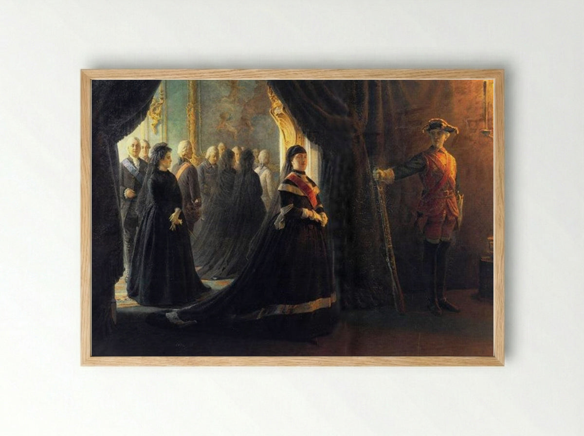 Catherine II at the Coffin of Empress Elizabeth - Nikolai Ge - Framed Print Wood