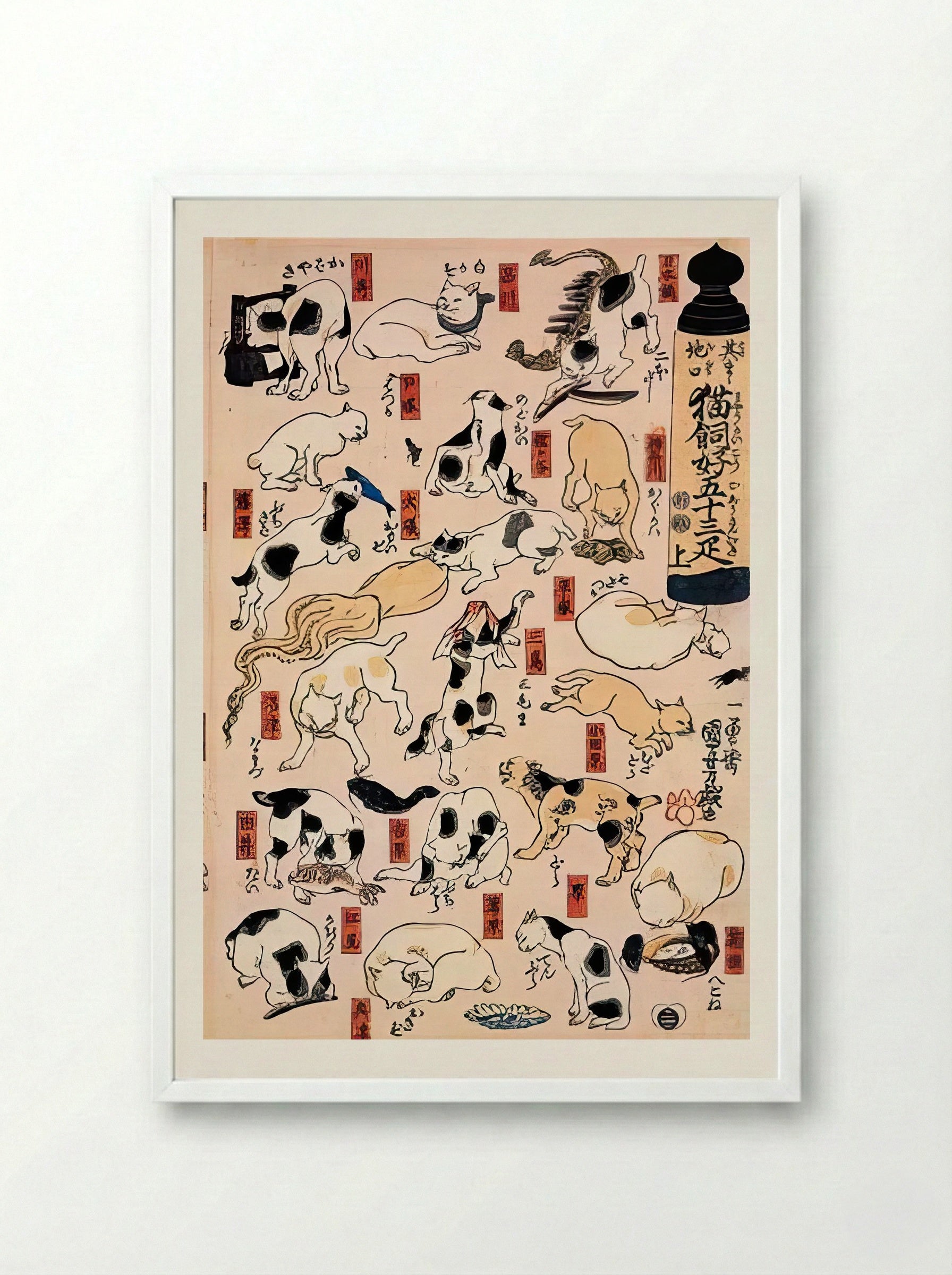 Cats of the Tokaido – Kuniyoshi Japanese Ukiyo-e Art Print - Framed Print White