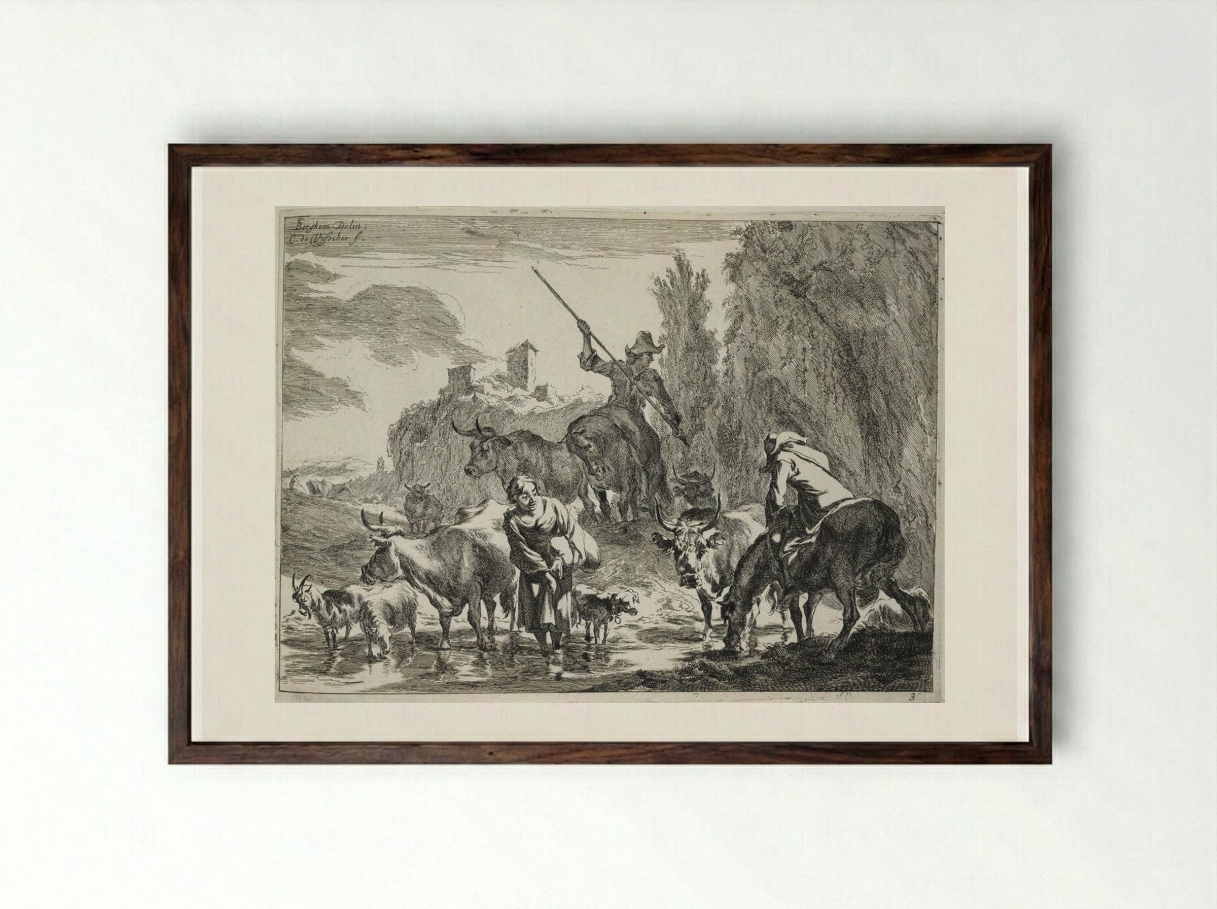 Cattle Crossing a Brook - Cornelis Visscher - Framed Print Dark Wood