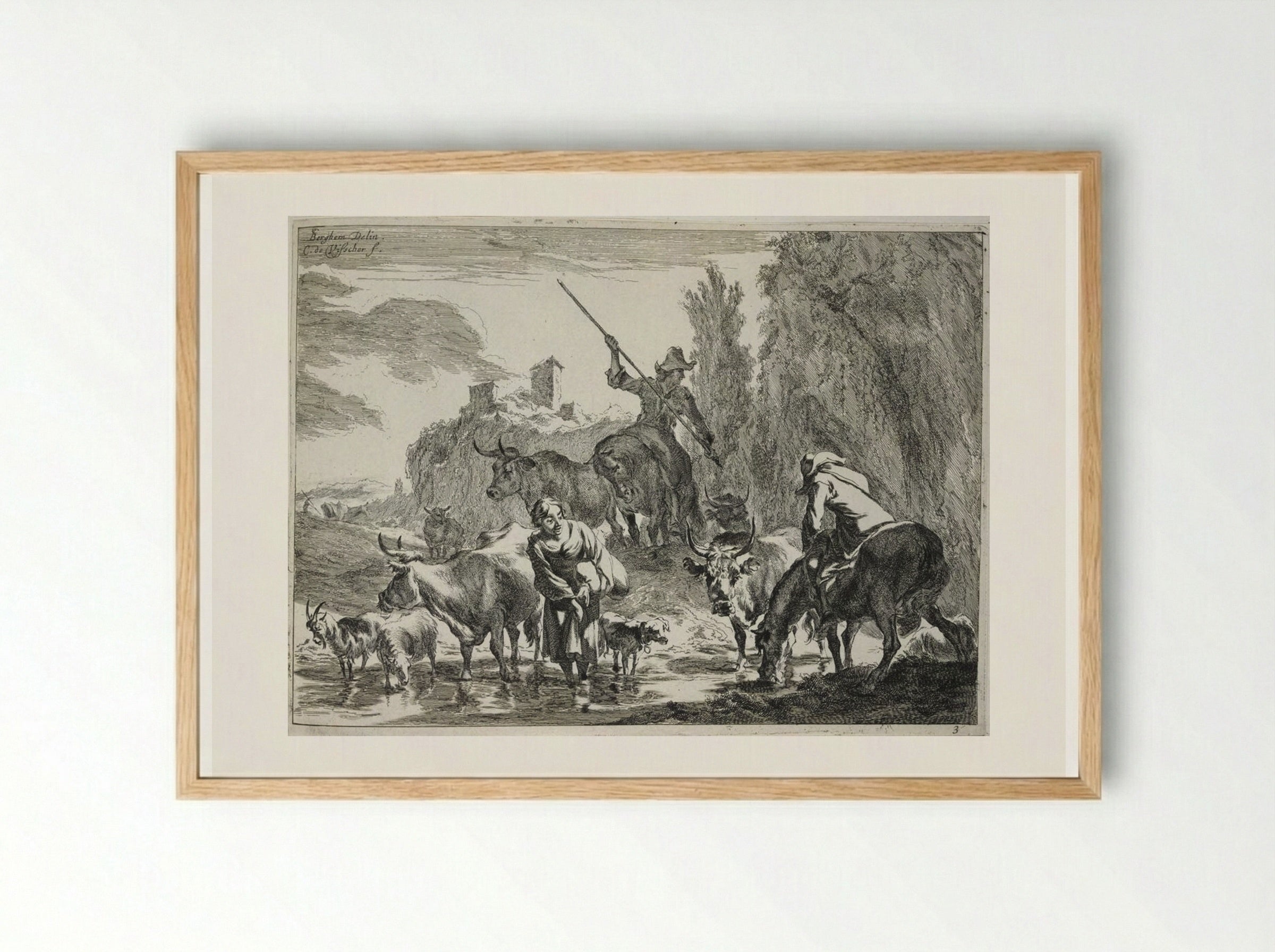 Cattle Crossing a Brook - Cornelis Visscher - Framed Print Wood