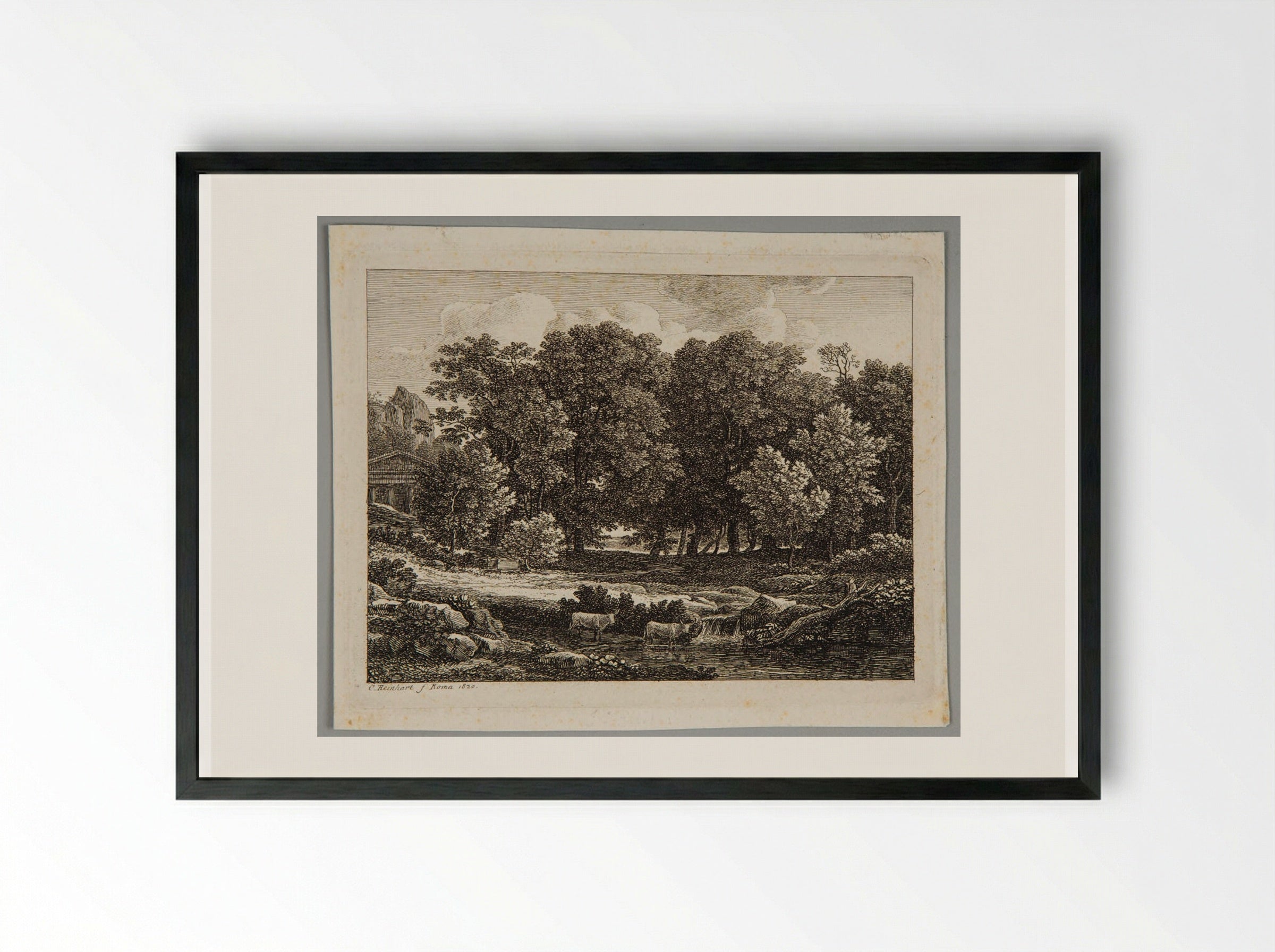 Cattle Fording a Stream - Johann Christian Reinhart - Framed Print Black