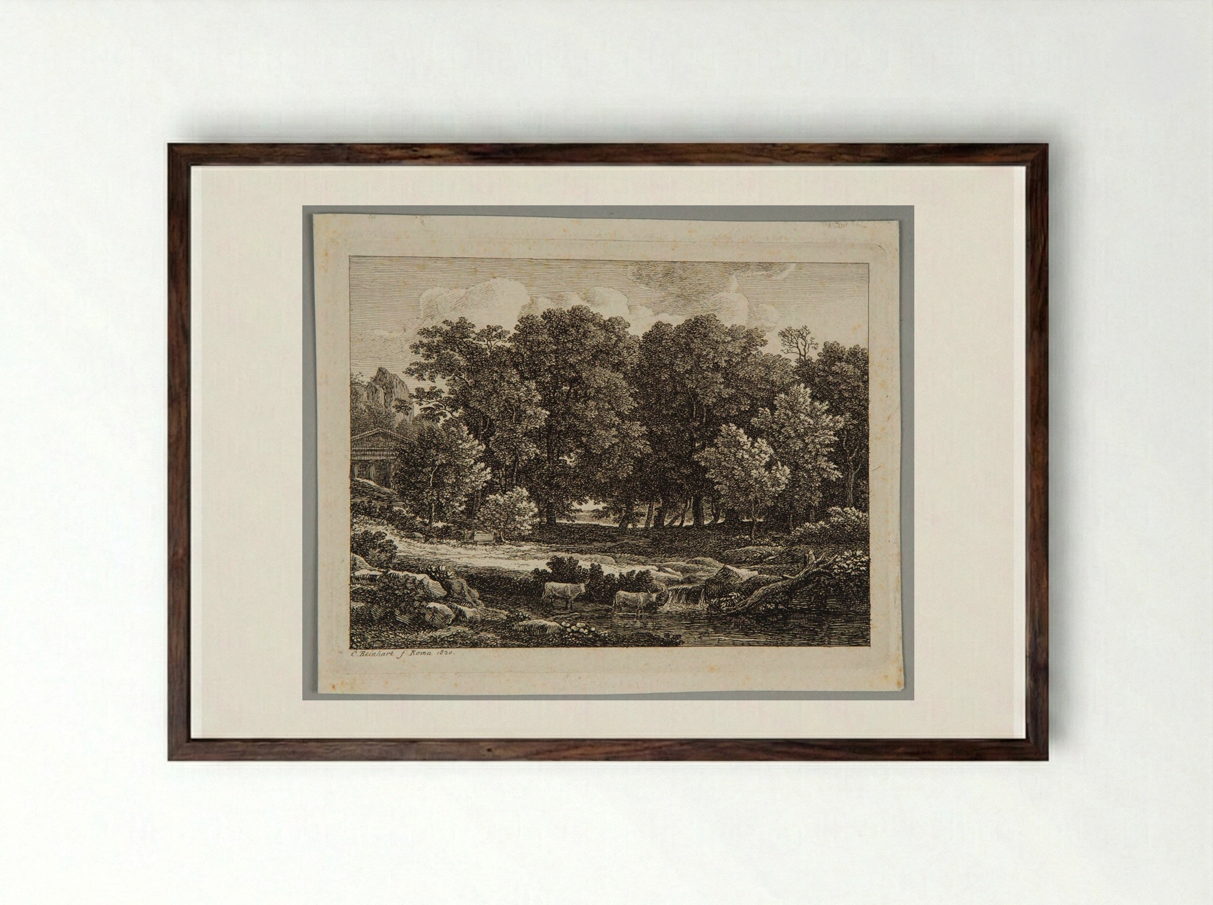 Cattle Fording a Stream - Johann Christian Reinhart - Framed Print Dark Wood