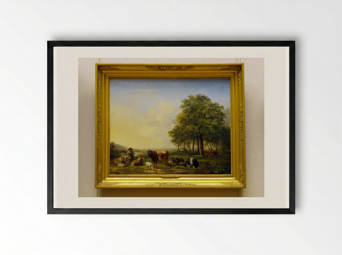 Cattle and Figures in a Meadow - Pieter Gerardus van Os - Framed Print Black