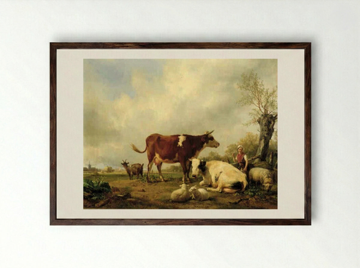 Cattle and Sheep in a Meadow - Hendrikus van de Sande Bakhuyzen - Framed Print Dark Wood