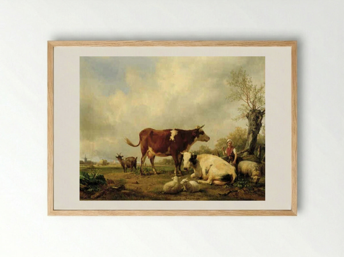 Cattle and Sheep in a Meadow - Hendrikus van de Sande Bakhuyzen - Framed Print Wood