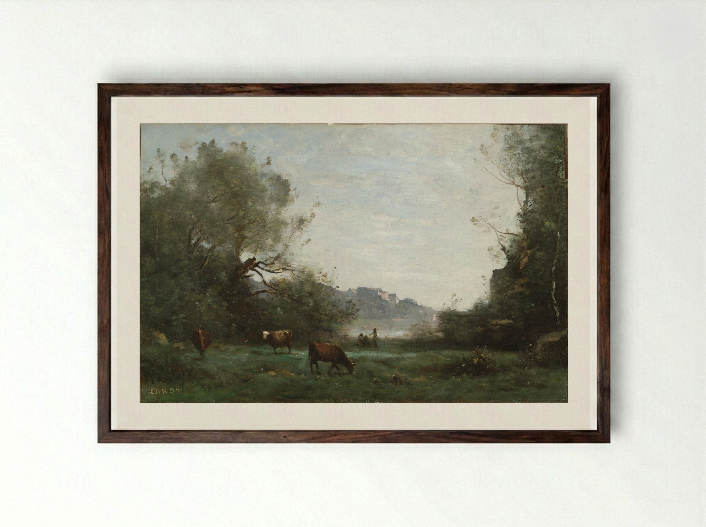Cattle at Pasture in a Wooded Valley - Jean-Baptiste-Camille Corot - Framed Print Dark Wood