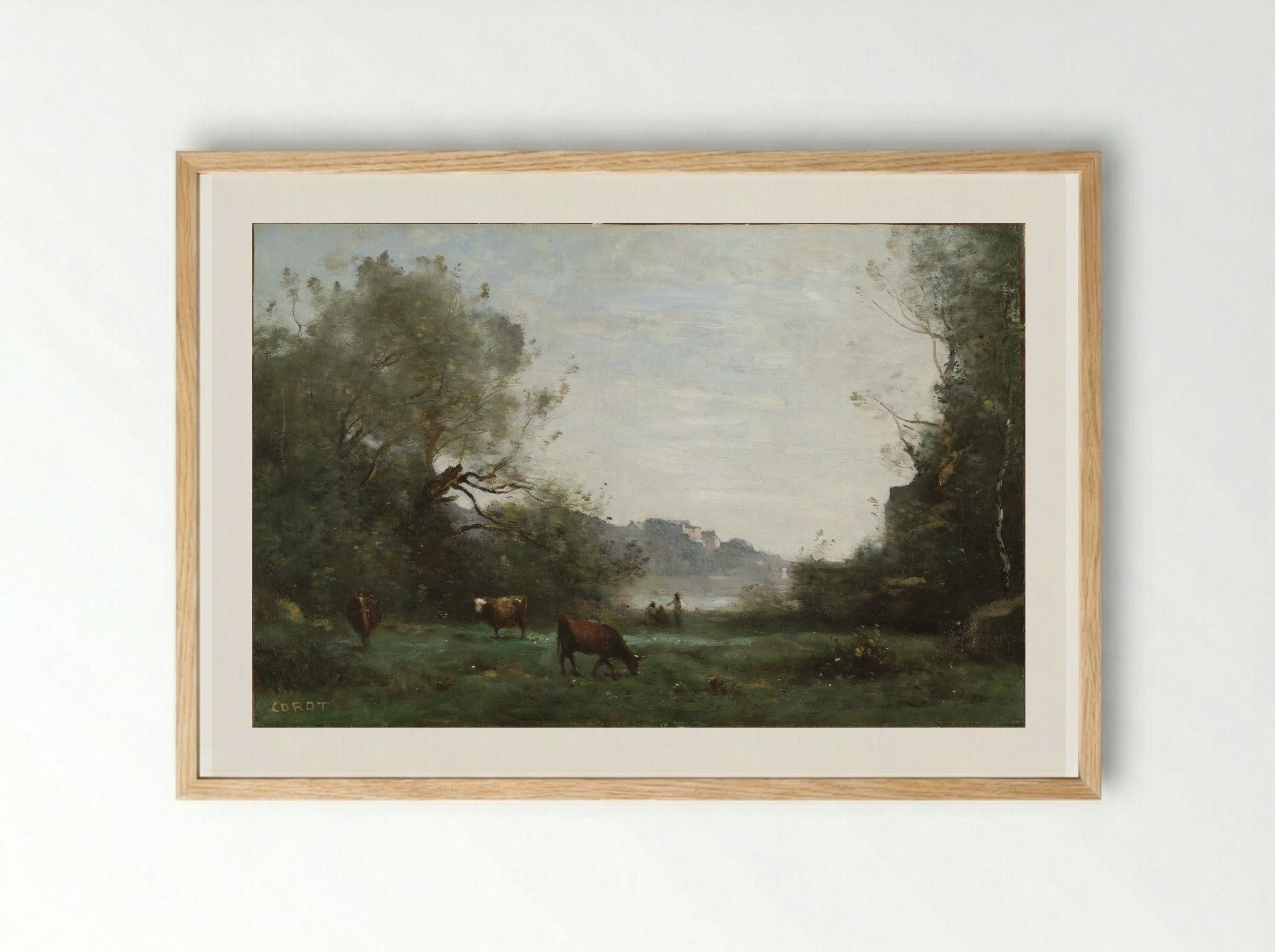 Cattle at Pasture in a Wooded Valley - Jean-Baptiste-Camille Corot - Framed Print Wood
