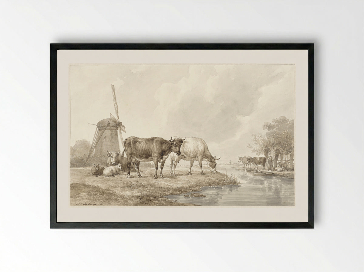 Cattle in a Meadow by a Windmill - Hendrikus van de Sande Bakhuyzen - Framed Print Black