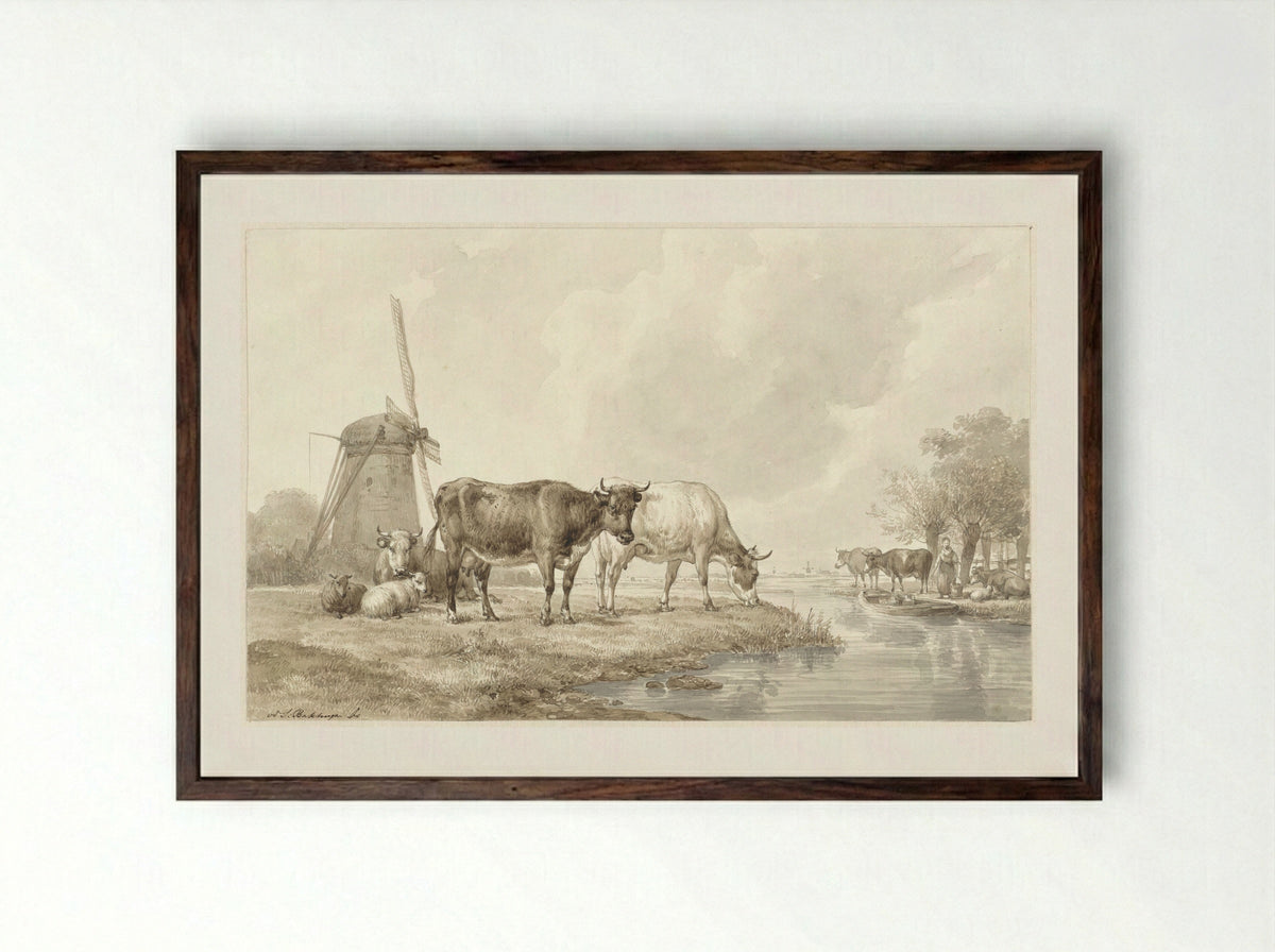 Cattle in a Meadow by a Windmill - Hendrikus van de Sande Bakhuyzen - Framed Print Dark Wood