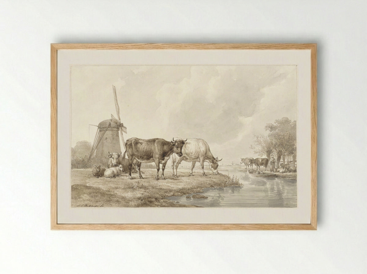 Cattle in a Meadow by a Windmill - Hendrikus van de Sande Bakhuyzen - Framed Print Wood