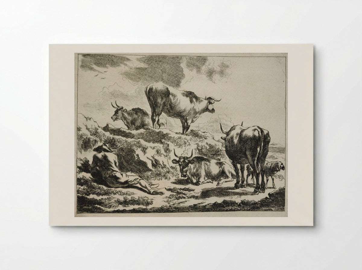 Cattle on a Hillock and Resting Cowherd - Johannes Visscher - Poster